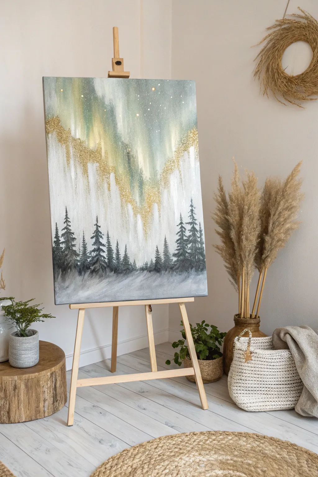 Illuminate your space with the shimmer of metallic hues in a minimalist aurora borealis painting.