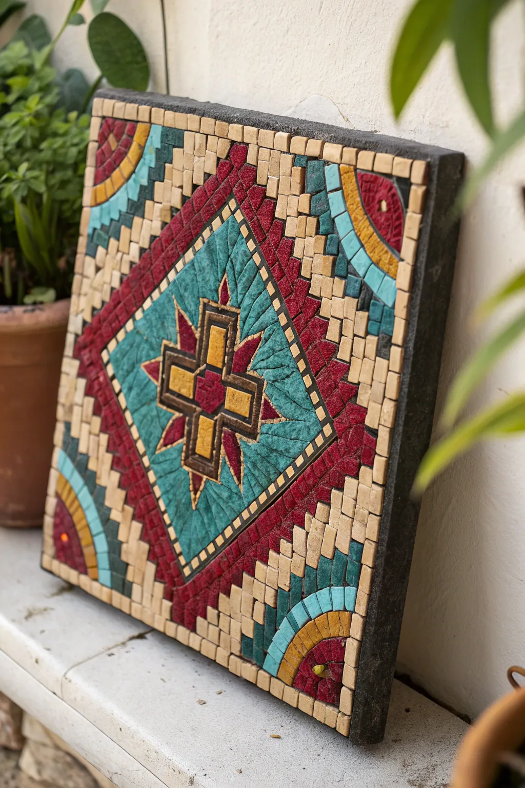 Transform your space with an Aztec-inspired mosaic masterpiece that blends bold colors and geometric elegance.