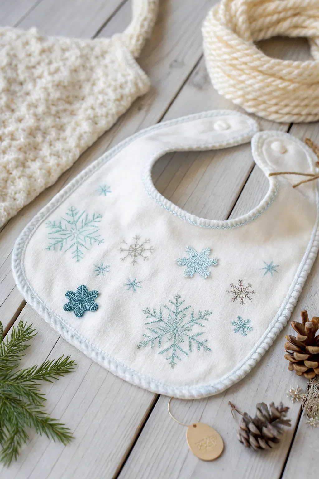 Embrace the season with this charming winter-themed baby bib, where Scandinavian simplicity meets Boho elegance.