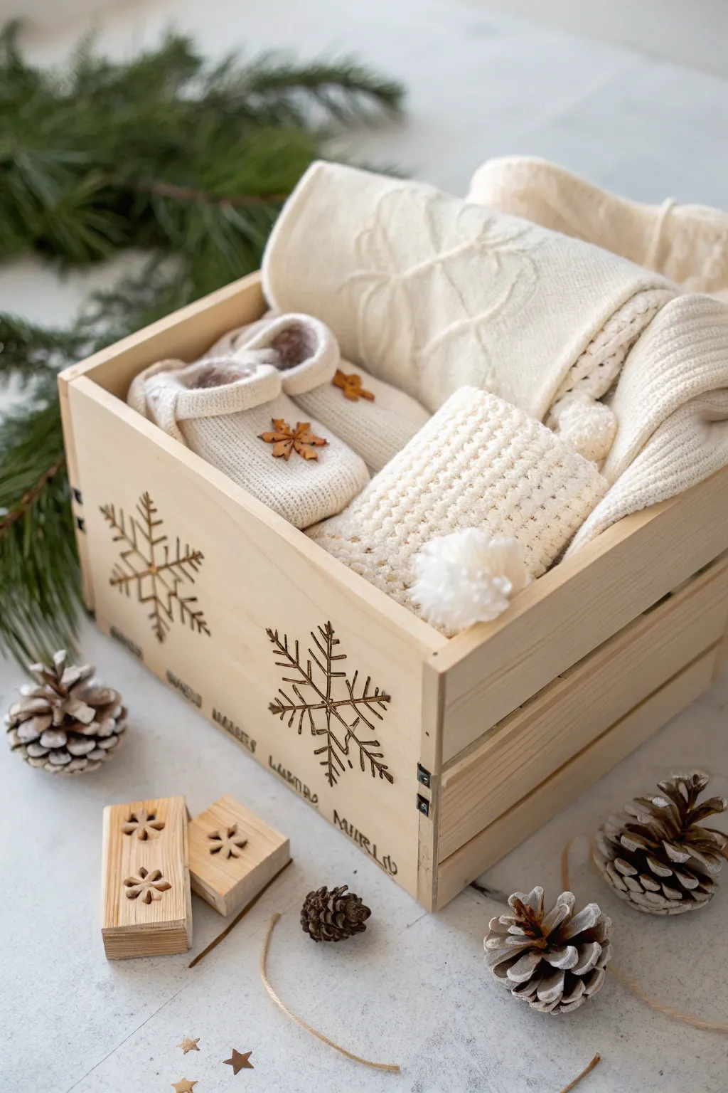 Celebrate the season with a handcrafted baby box that captures the essence of winter's natural beauty.
