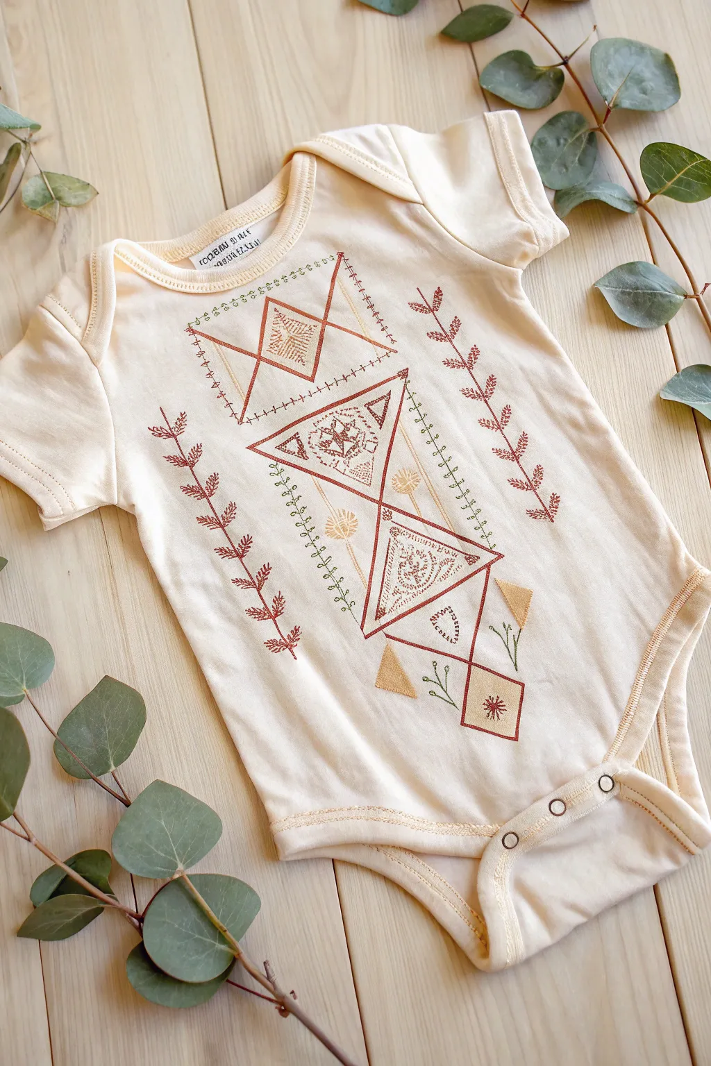 Modern minimalism meets boho charm with these stunning geometric patterns on a baby onesie.