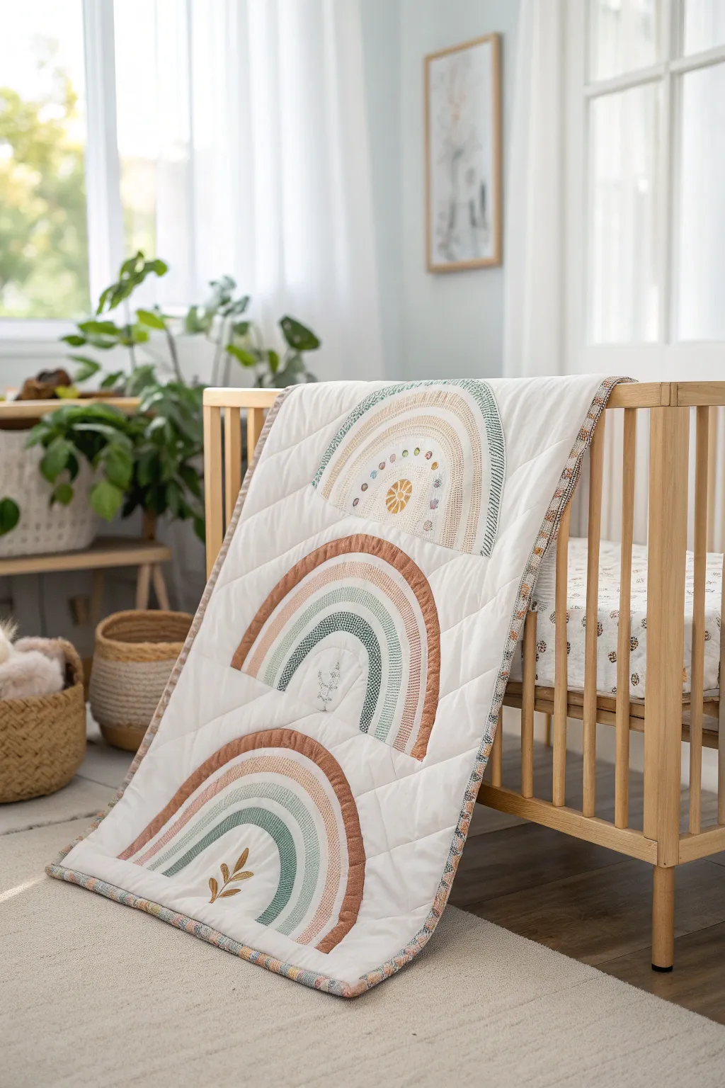 Capture a piece of joy with this elegant rainbow baby quilt, perfect for a serene and stylish nursery.