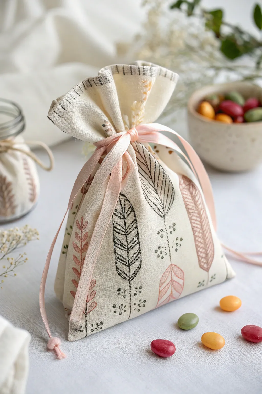 Charming DIY favor bags: A touch of Scandinavian simplicity meets boho elegance.