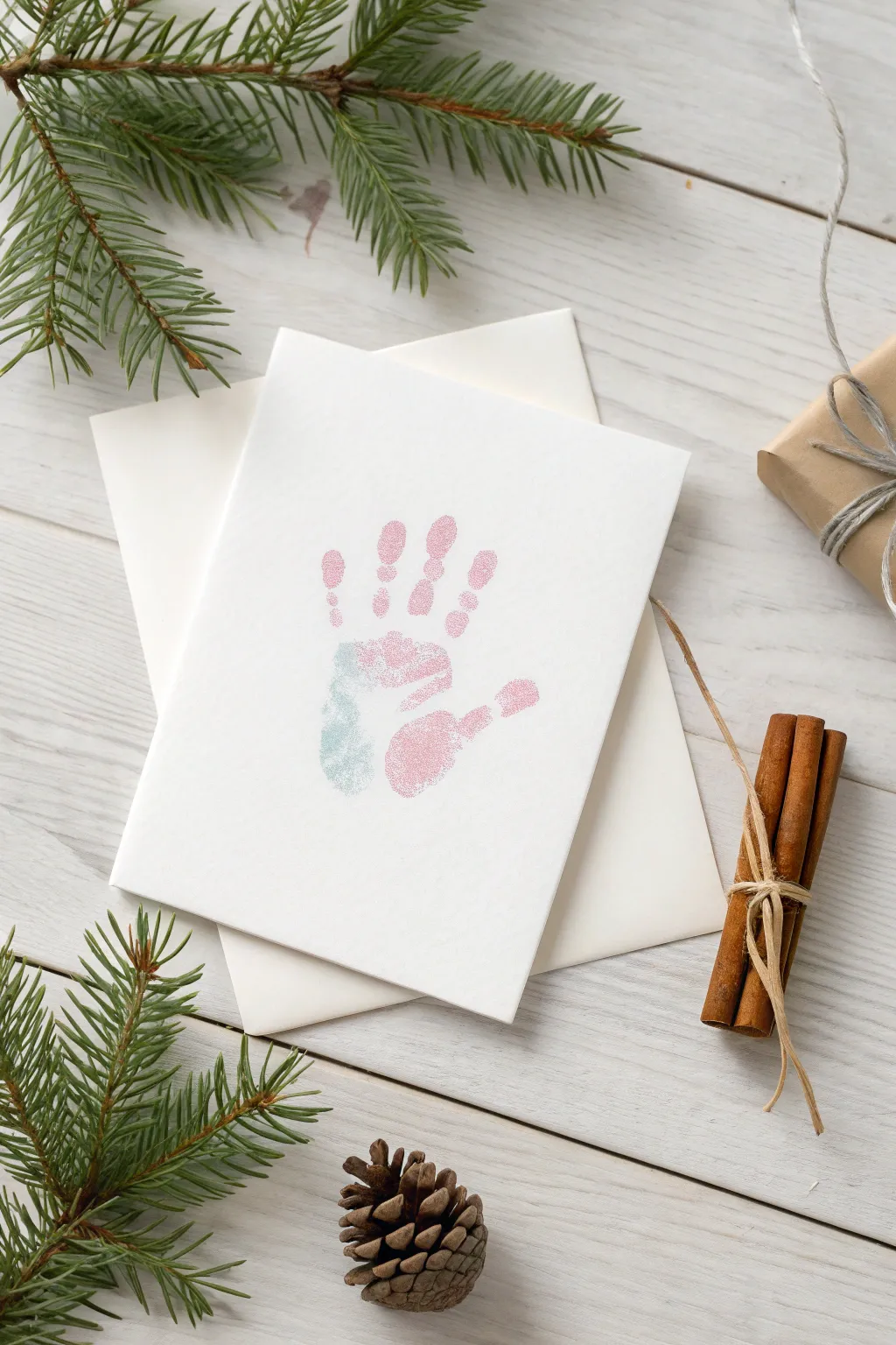 Capture the magic of your baby's first Christmas with a charming handprint keepsake card.