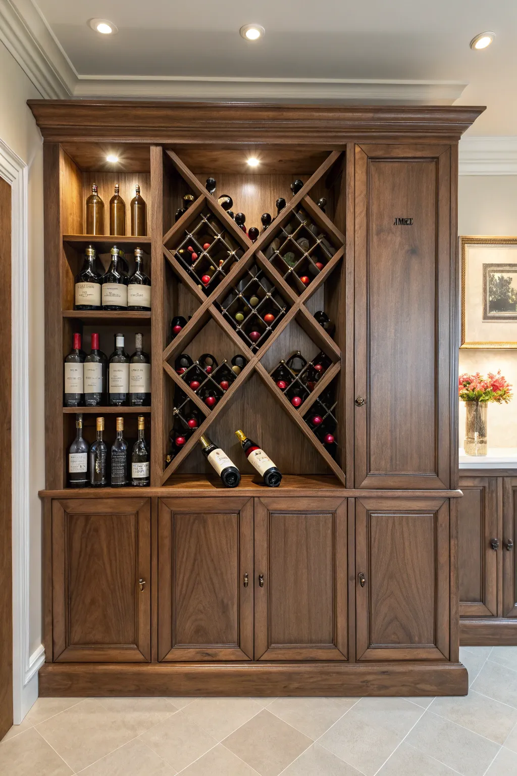 Elevate your space with a handcrafted built-in wine rack that marries function and style.