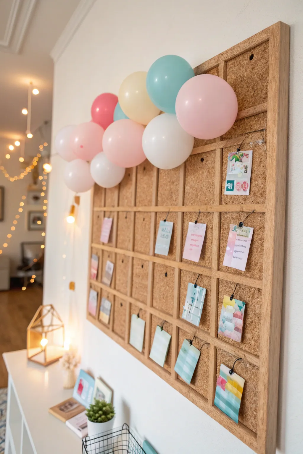 Elevate your storage game with a chic cork board display for your balloons.