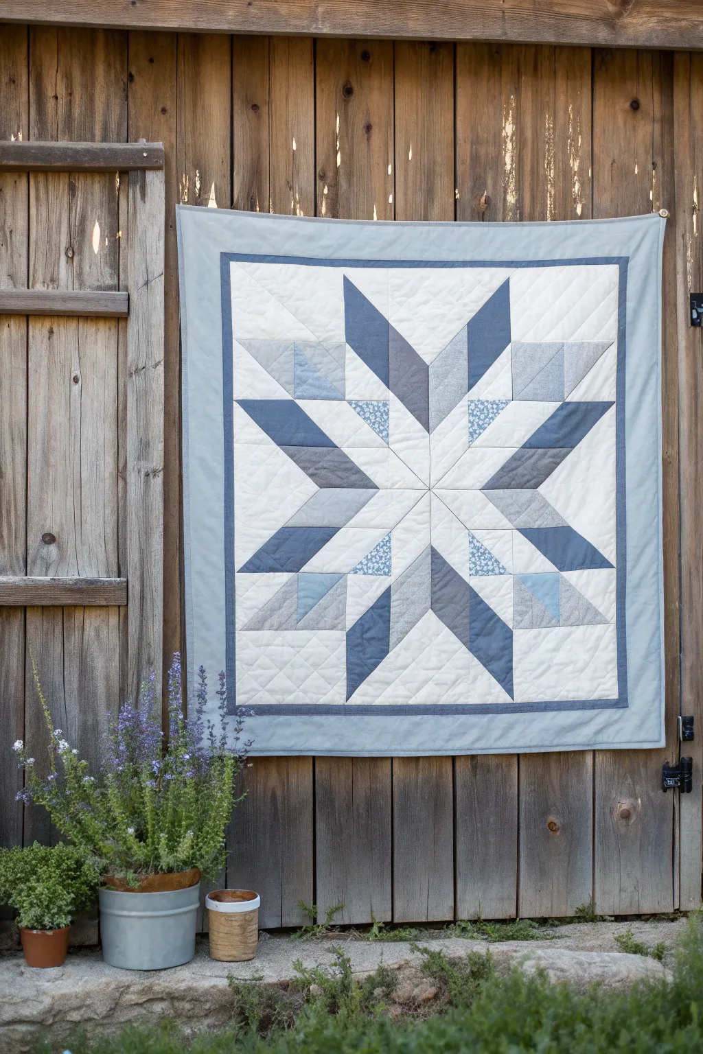 Embrace tranquility with this charming barn quilt in muted grays and blues, perfect for a serene and stylish retreat.