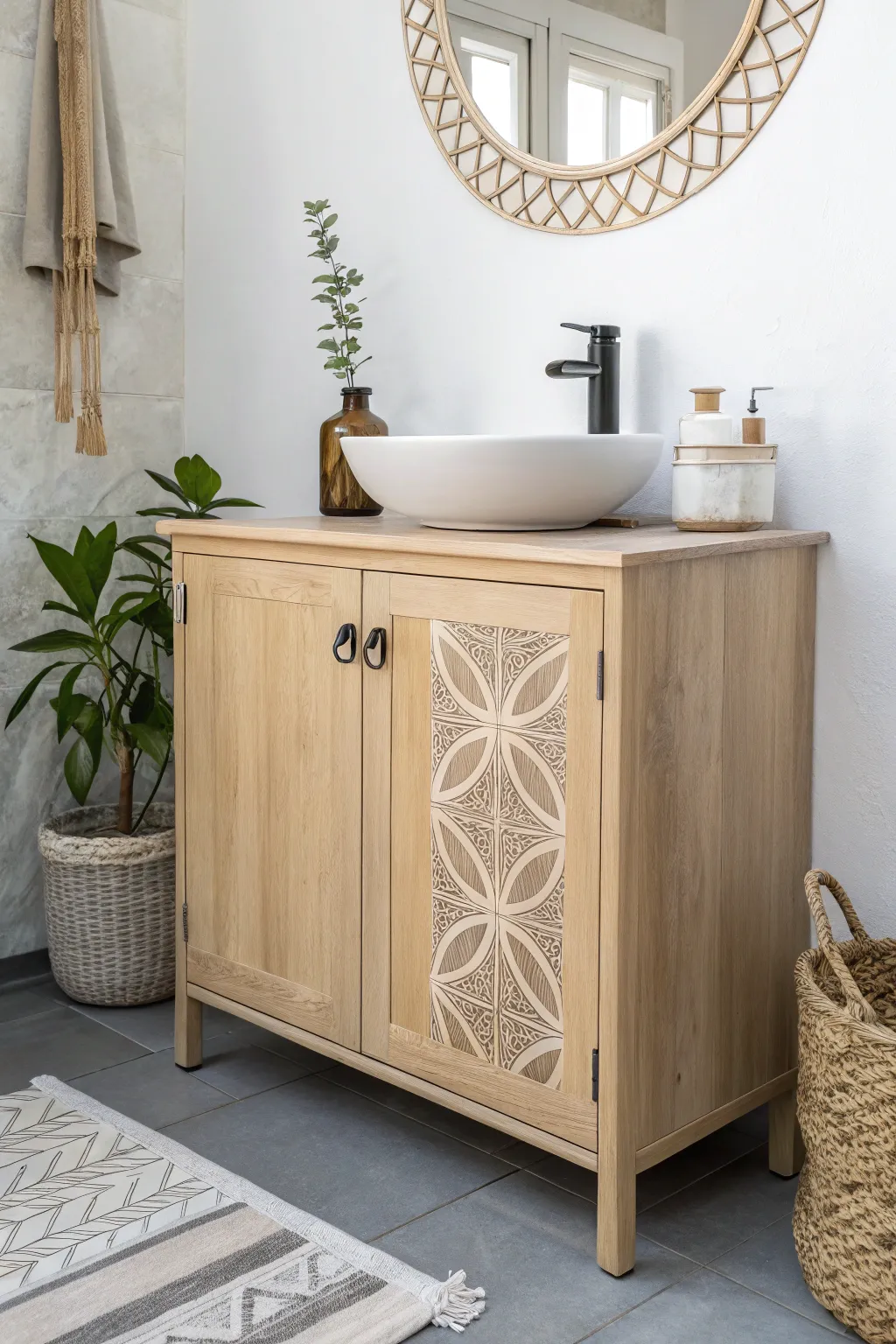 Transform your bathroom with a touch of geometric elegance—add decals for a playful, personalized vibe.