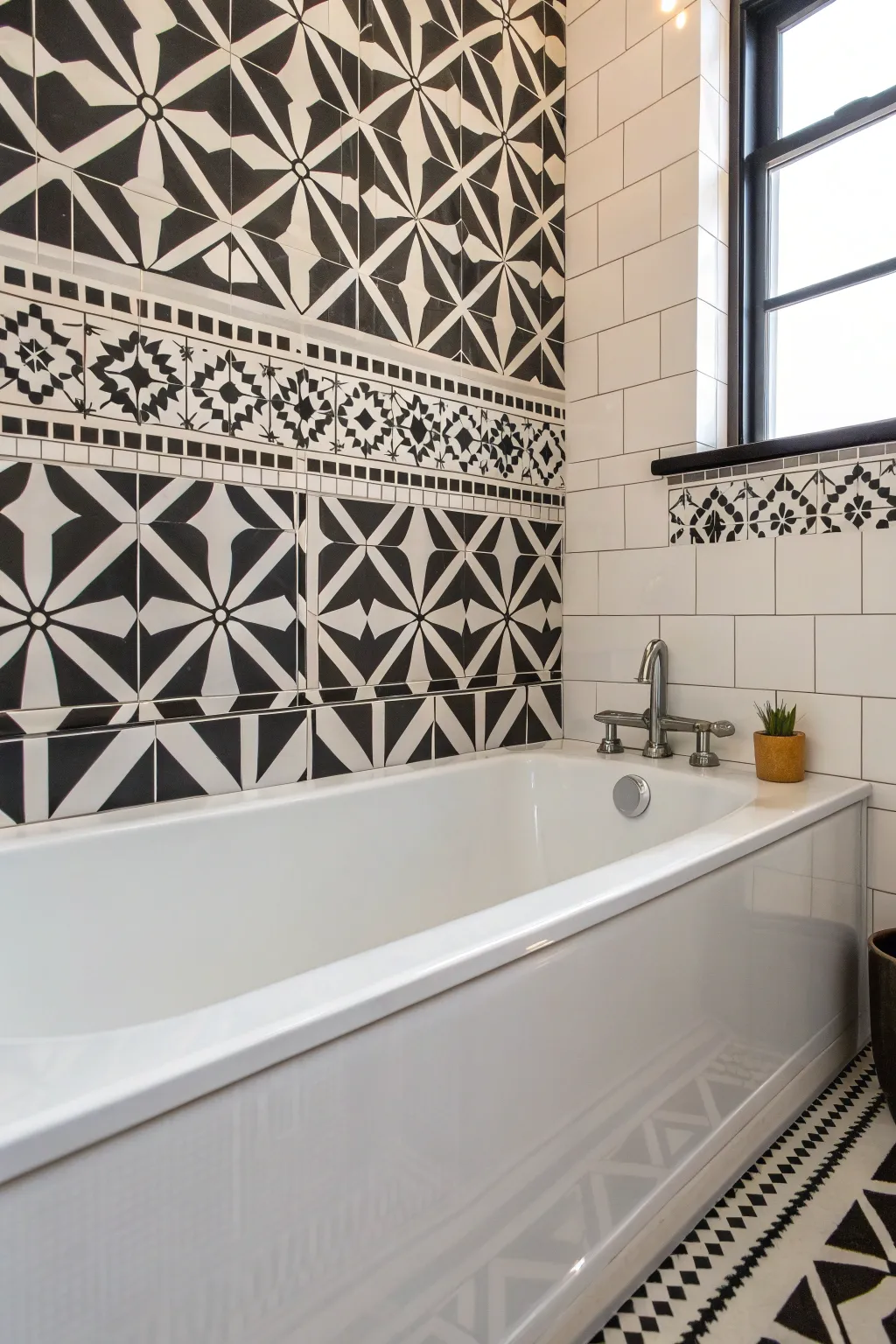 Elevate your bathroom with bold geometric tiles that redefine bathtub elegance.