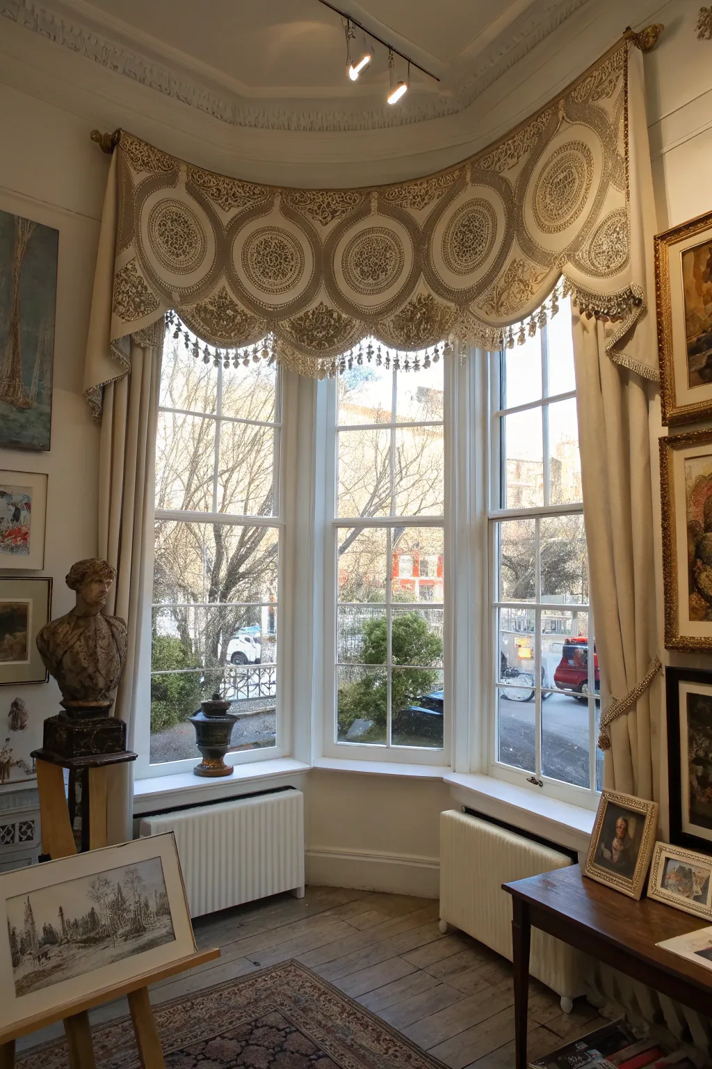 Innovative valances on medallions in an artistic studio.