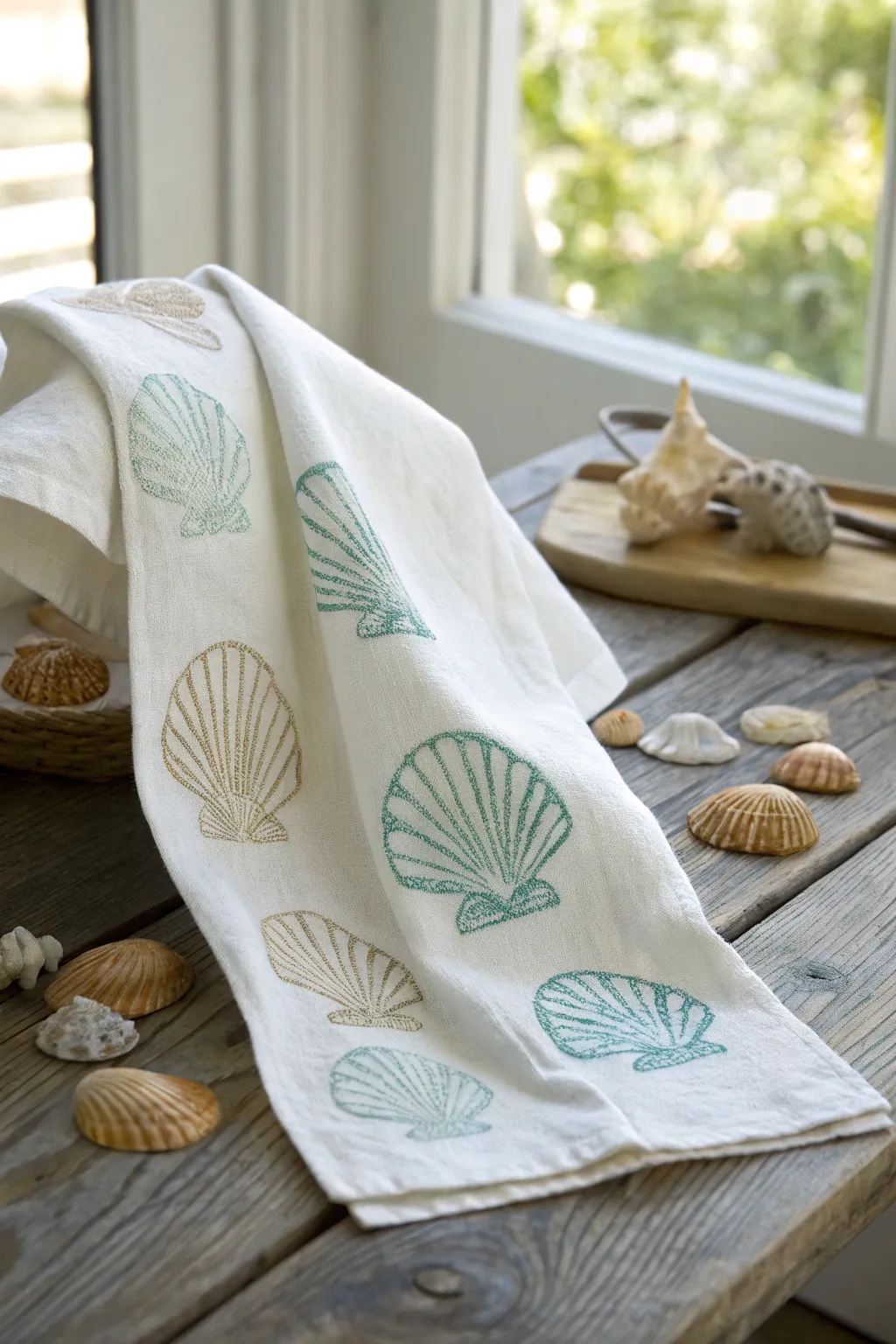 Bring coastal charm to your kitchen with these shell-stamped tea towels, a perfect blend of simplicity and natural beauty.