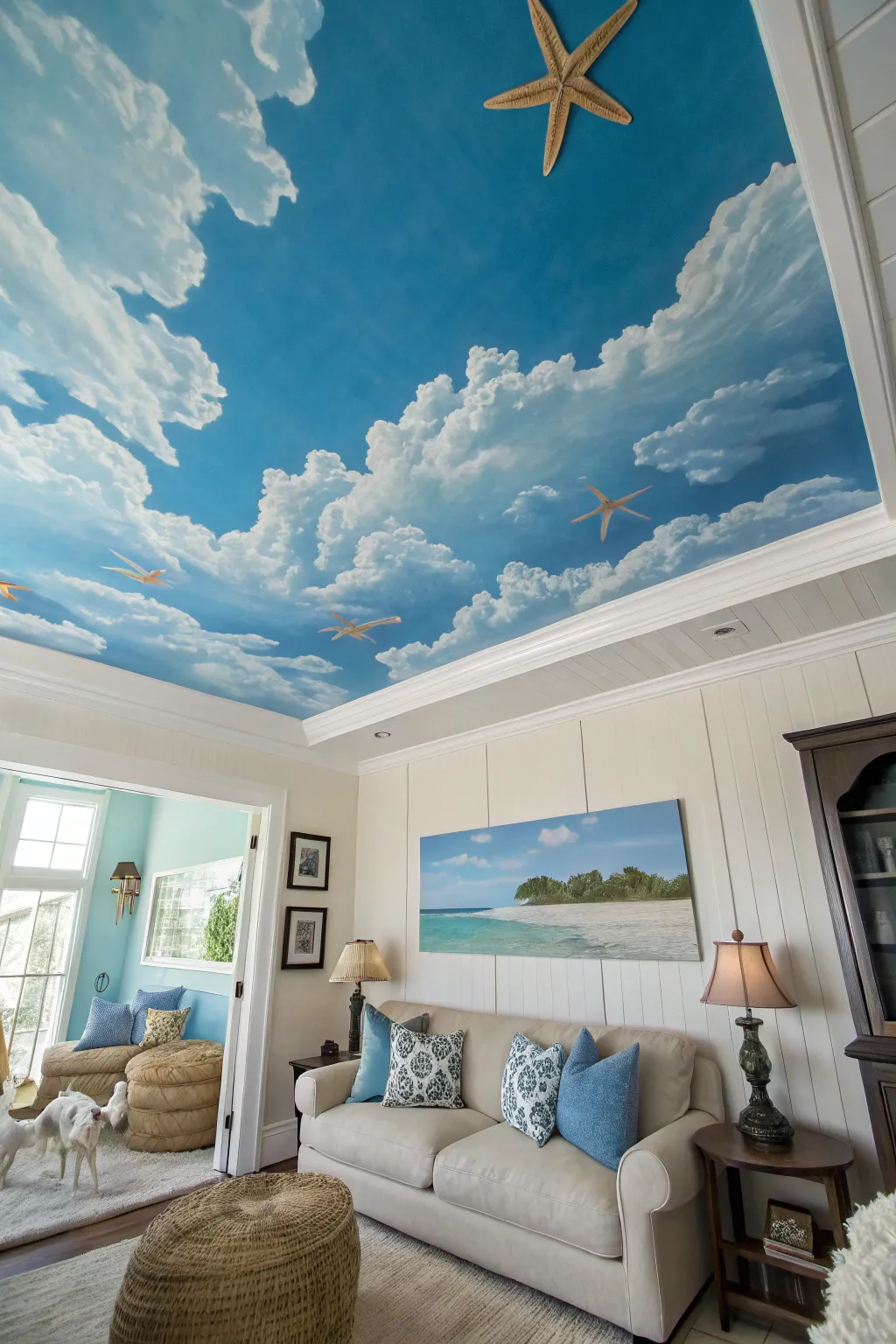 Sky murals on ceilings offer a dreamy, artistic touch.