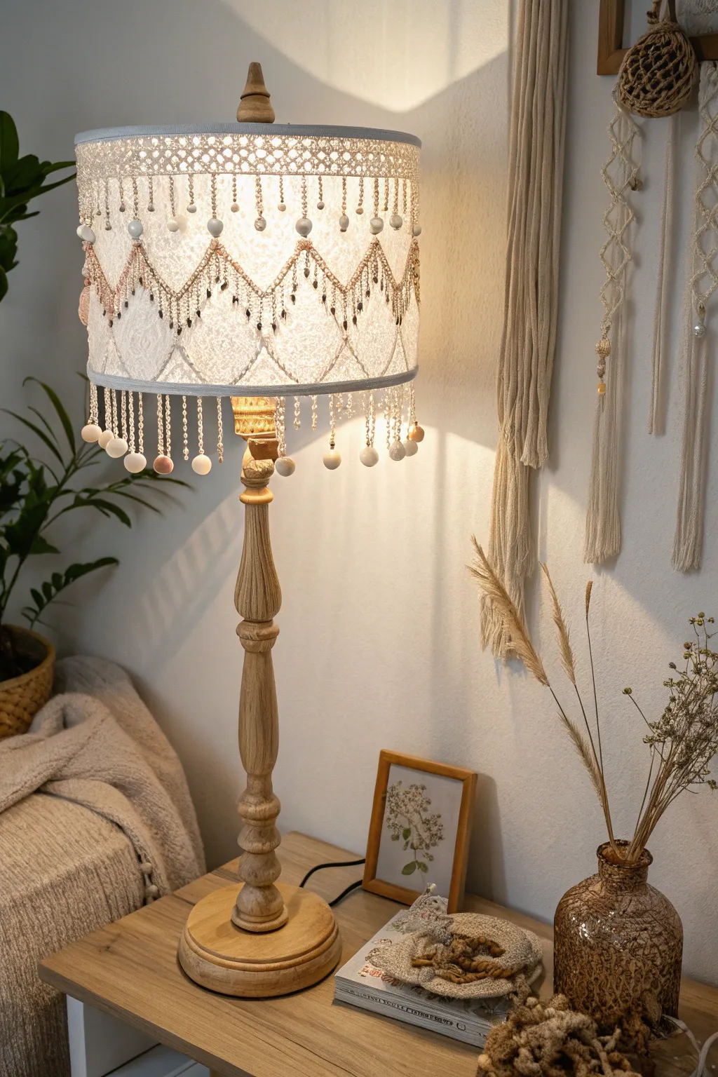 Elevate your lighting with a beaded lampshade that dances with evening shadows.