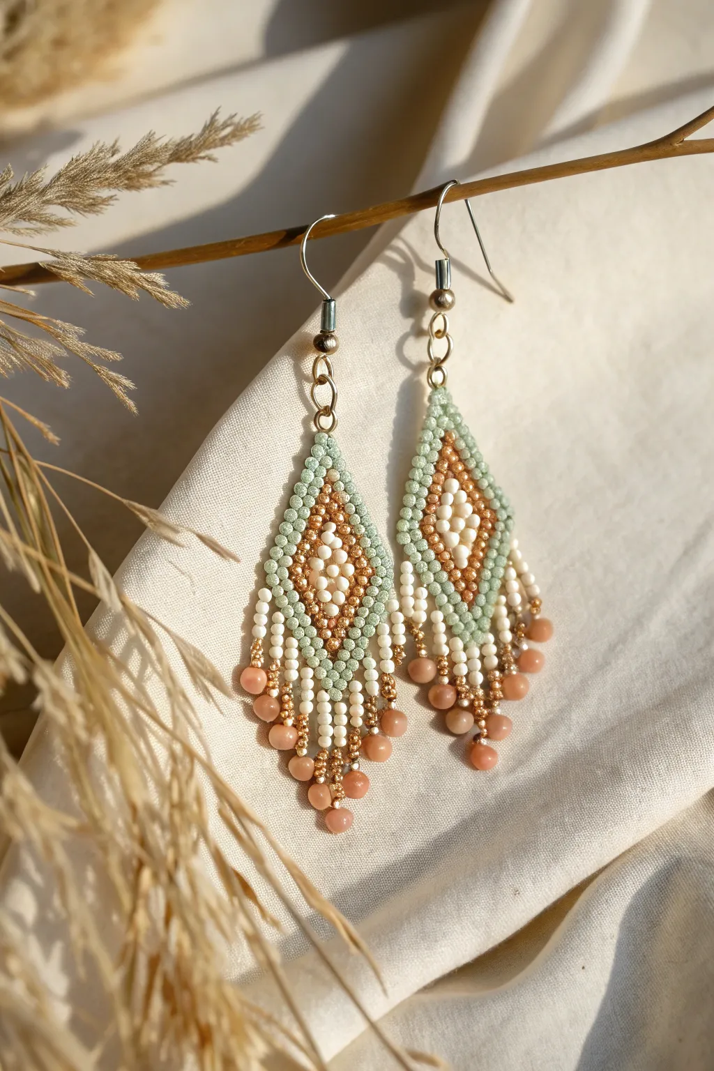 Embrace the art of peyote stitch with these elegant beaded earrings, where simplicity meets natural beauty.
