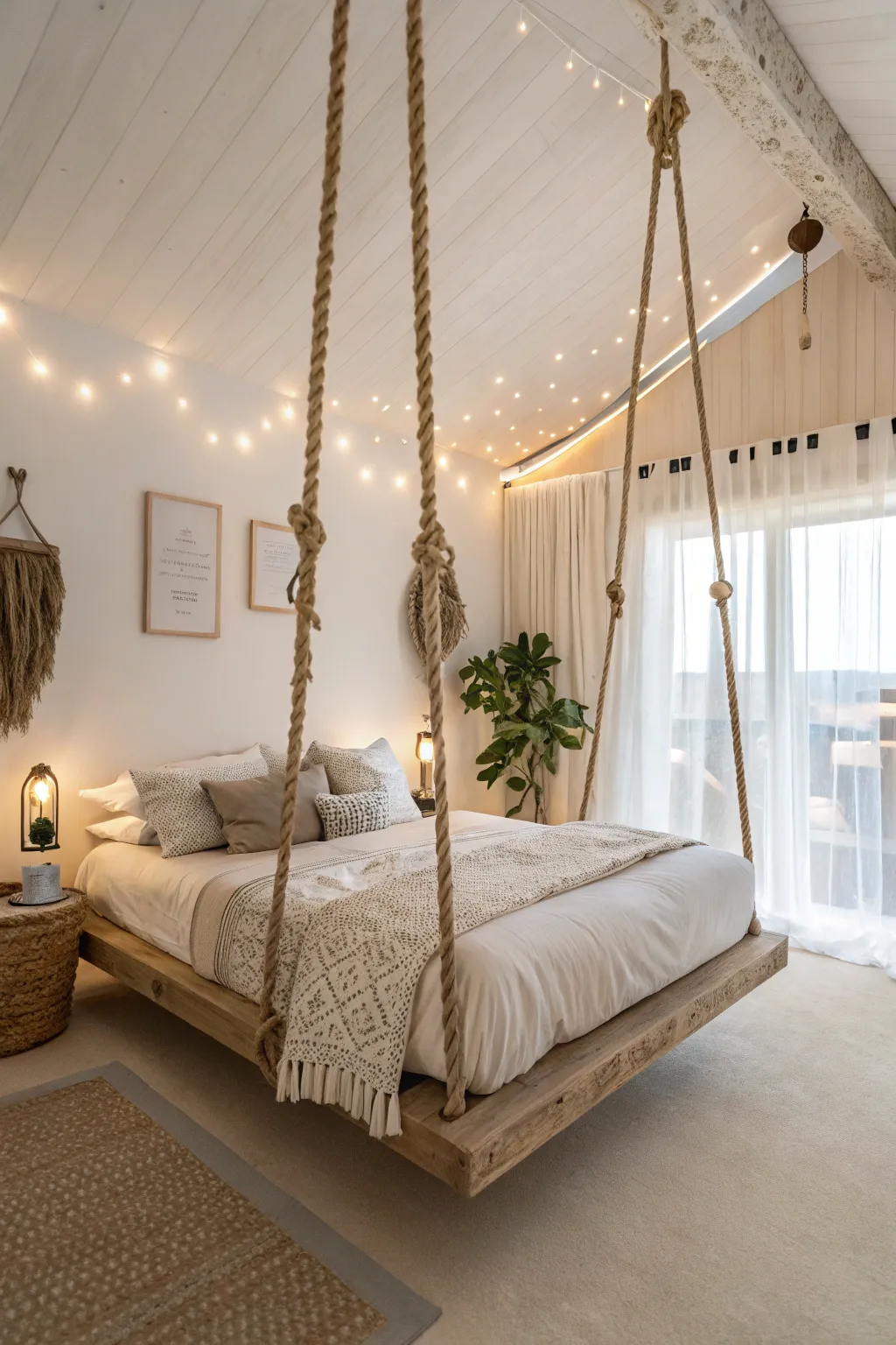 Hanging beds provide a whimsical and airy sleeping experience.