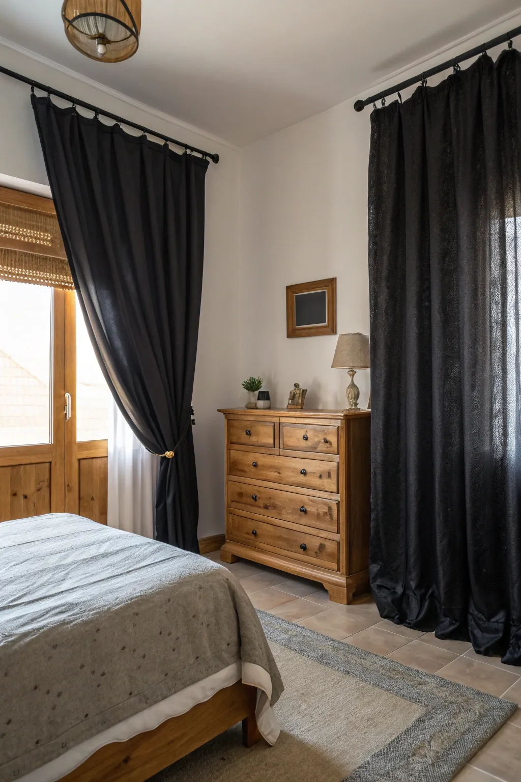 Natural elements adding warmth to a bedroom with black curtains.