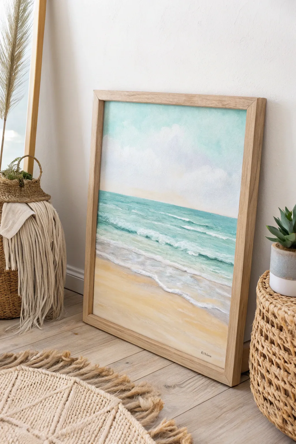 Bring the tranquility of the seaside into your space with this minimalist beach scene painting.