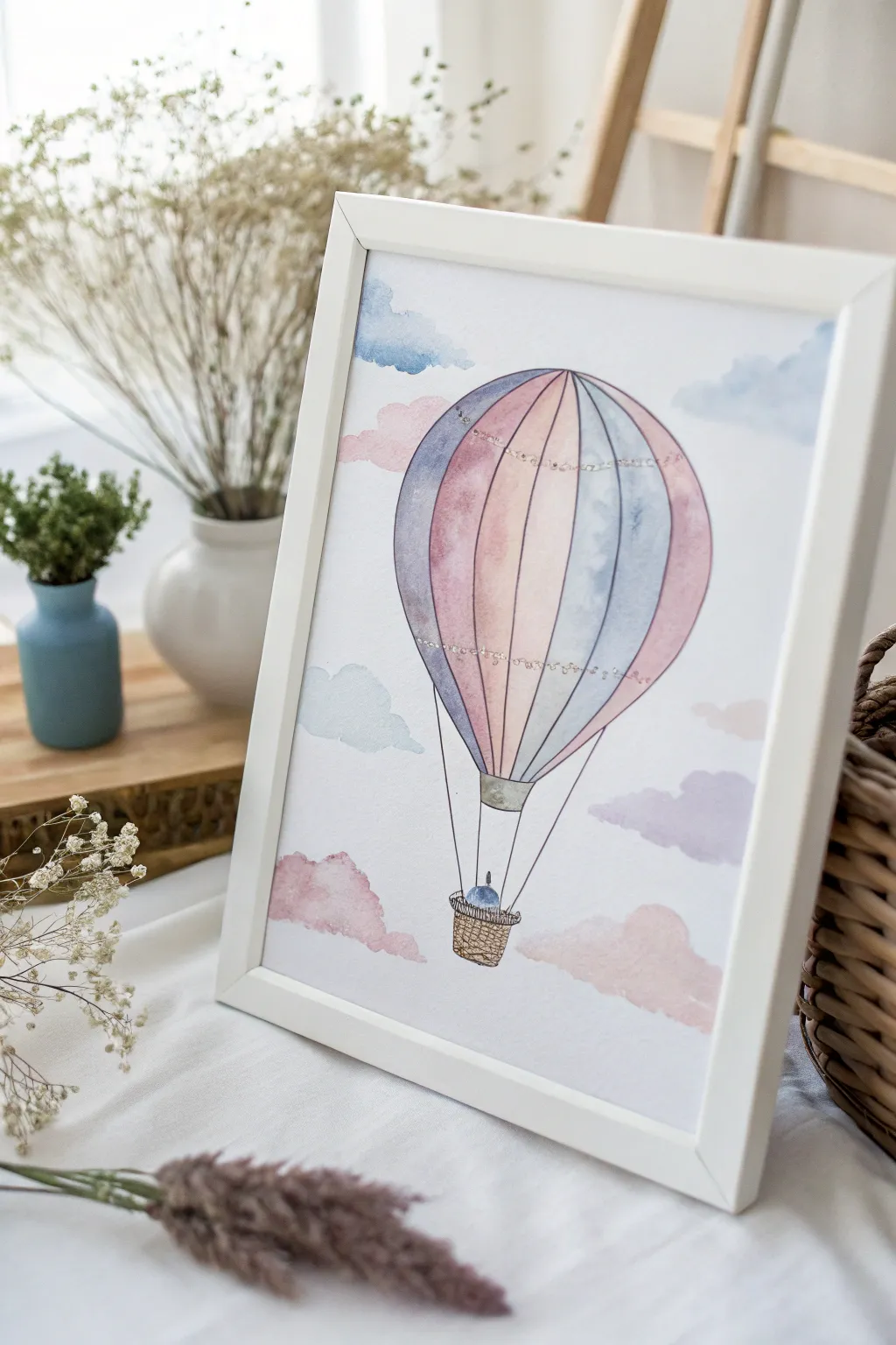 Embrace the beauty of simplicity with this charming watercolor hot air balloon.