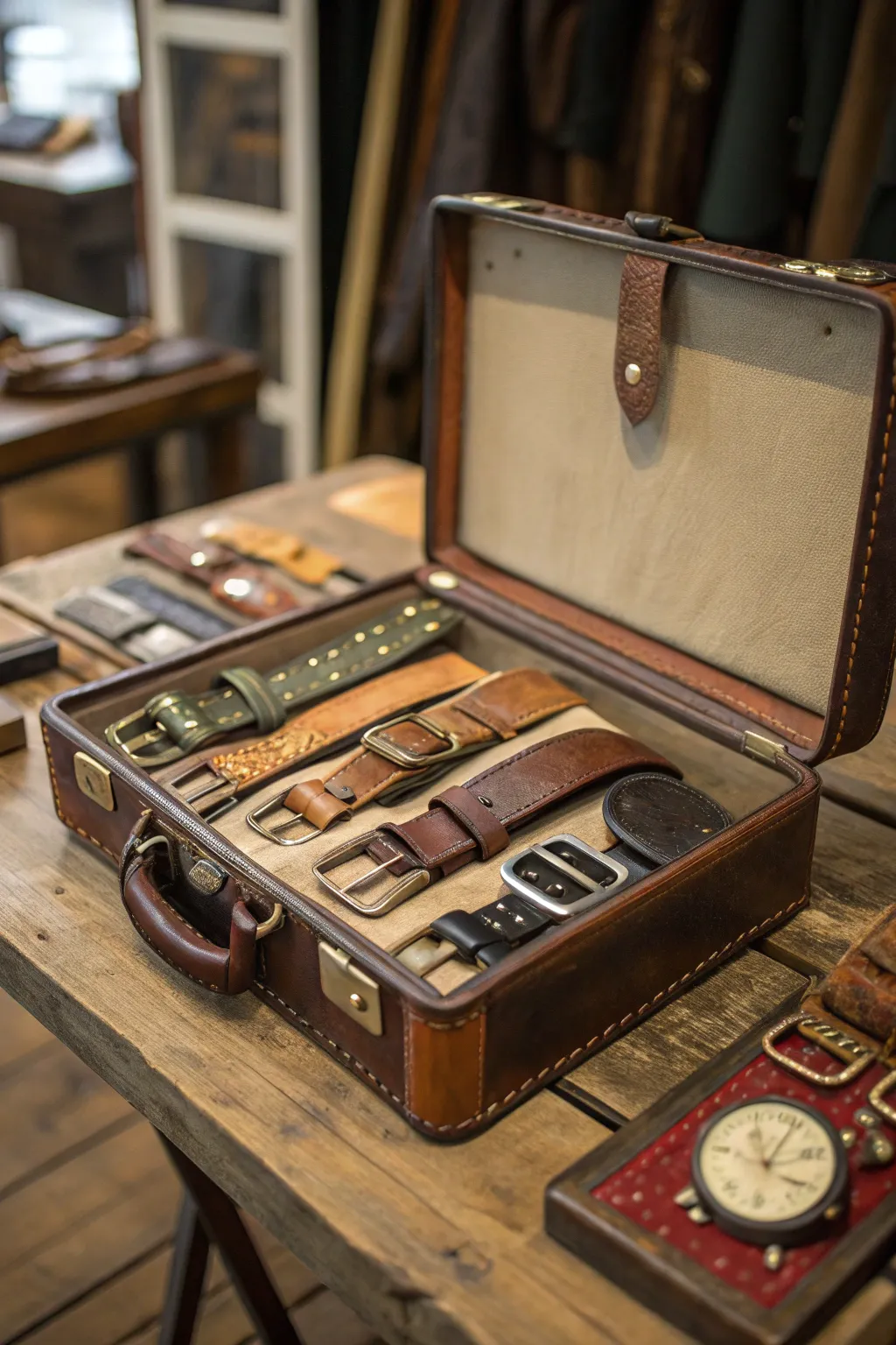 A vintage suitcase finds new life as a stylish belt buckle display, blending nostalgia with craftsmanship.