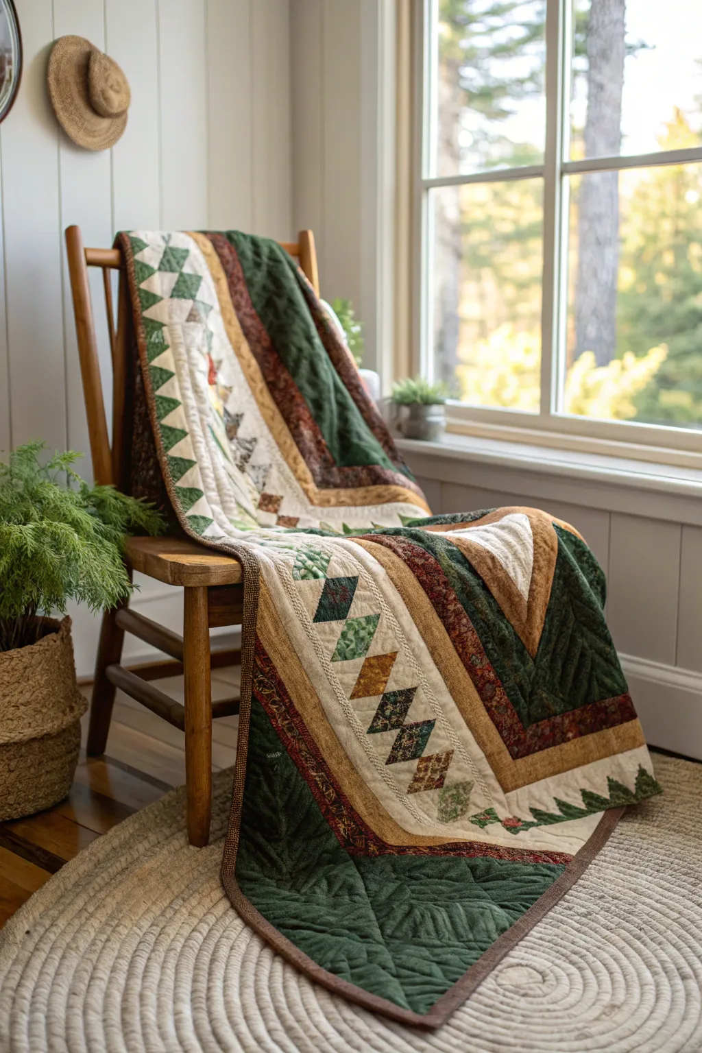 Bring the tranquility of forest trails into your home with this exquisite jelly roll quilt, a perfect blend of nature and craftsmanship.