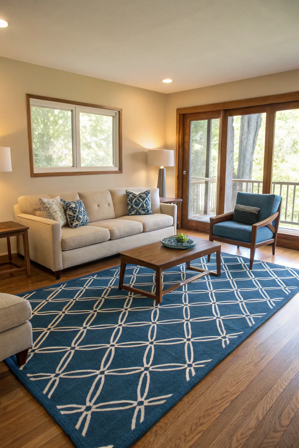 A modern blue rug grounding the living space.
