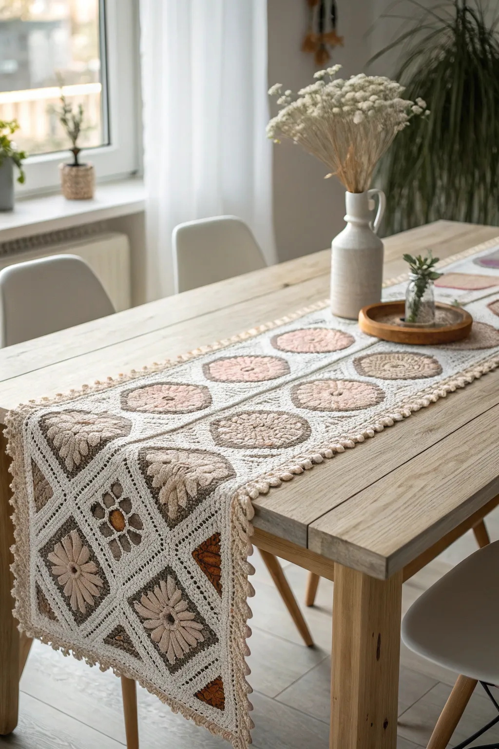 Elevate your dining experience with the timeless elegance of a handcrafted crochet table runner.