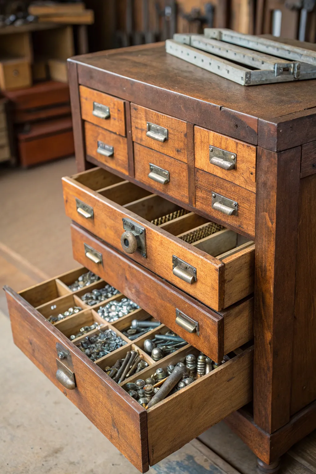 Transform vintage charm into practical elegance with repurposed drawer units for bolt storage.