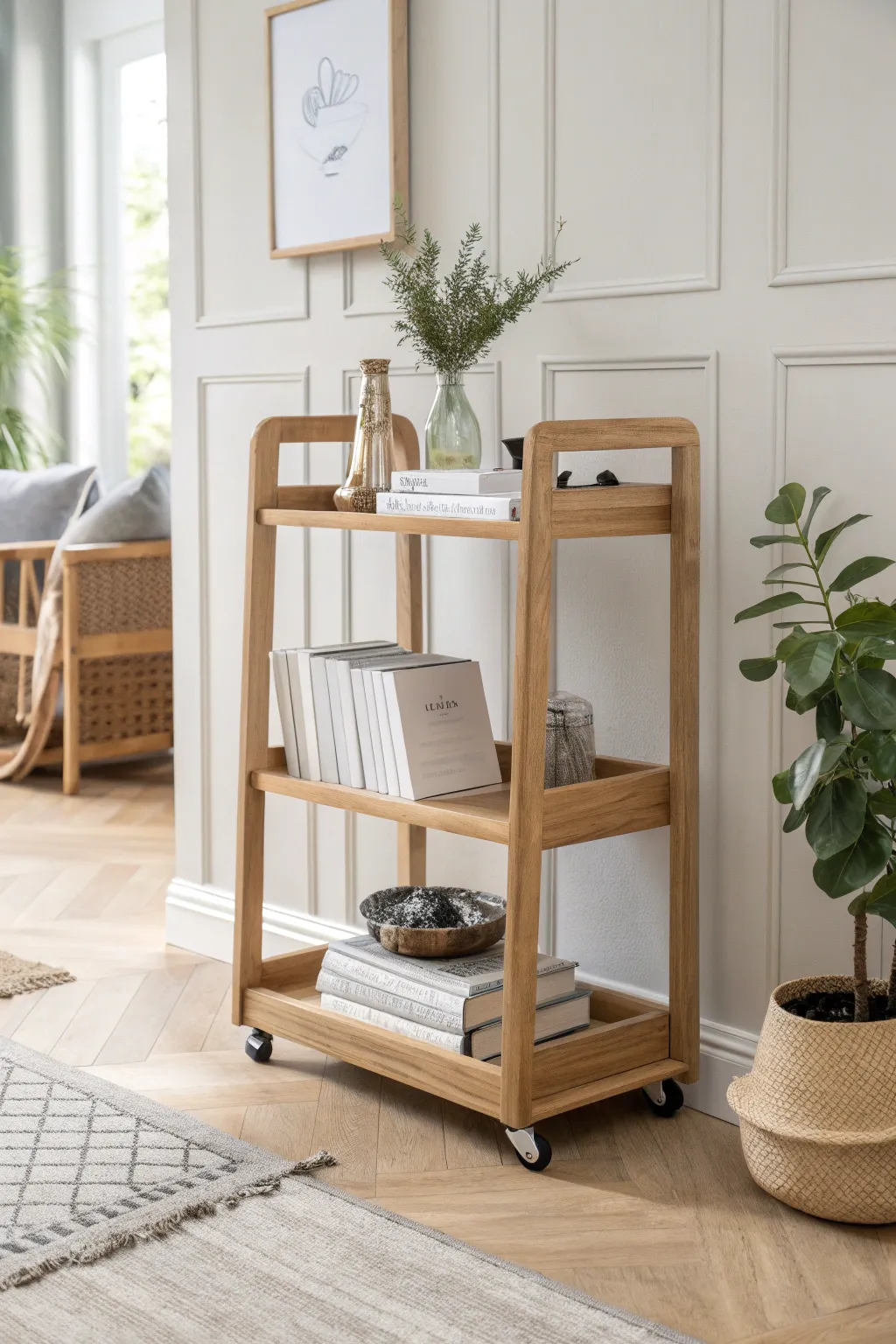 Elevate your space with a touch of chic minimalism: a book cart that blends style and simplicity effortlessly.
