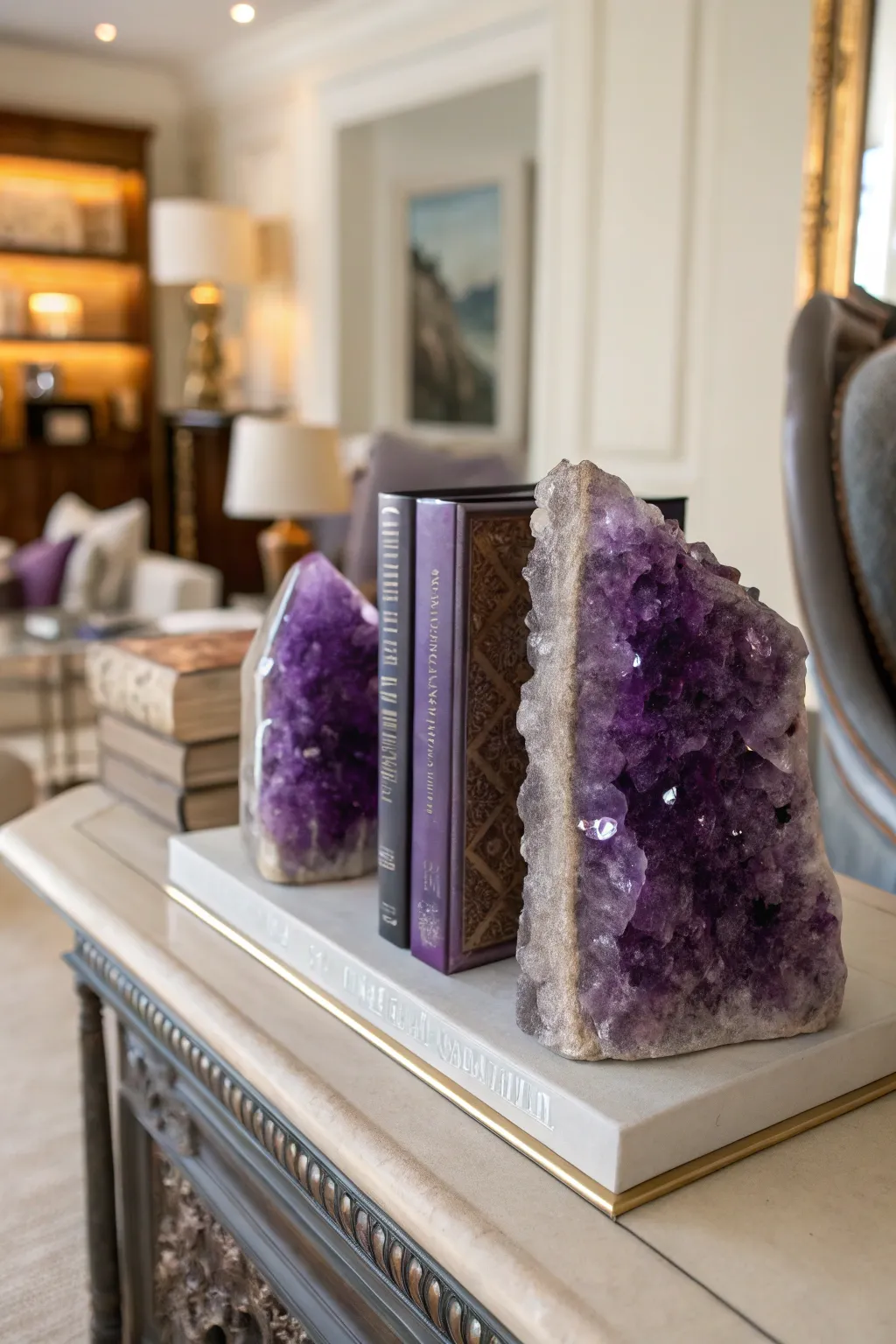 Add sparkle with amethyst crystal bookends.