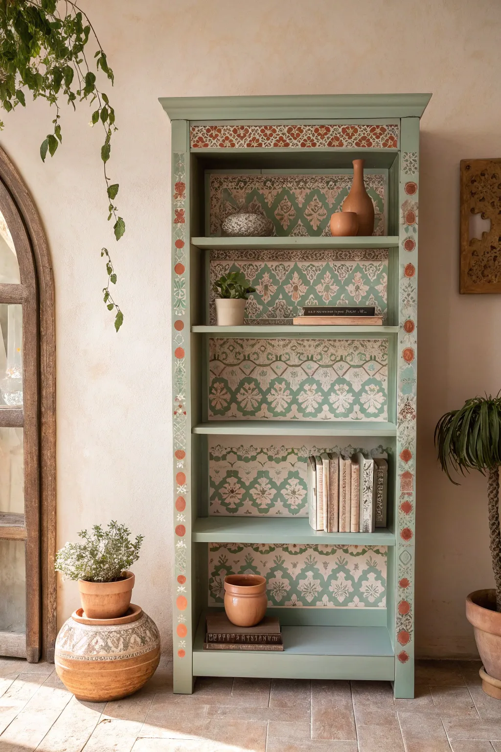 Transform your bookshelf into a work of art with simple stenciled patterns, perfect for a touch of minimalist boho charm.