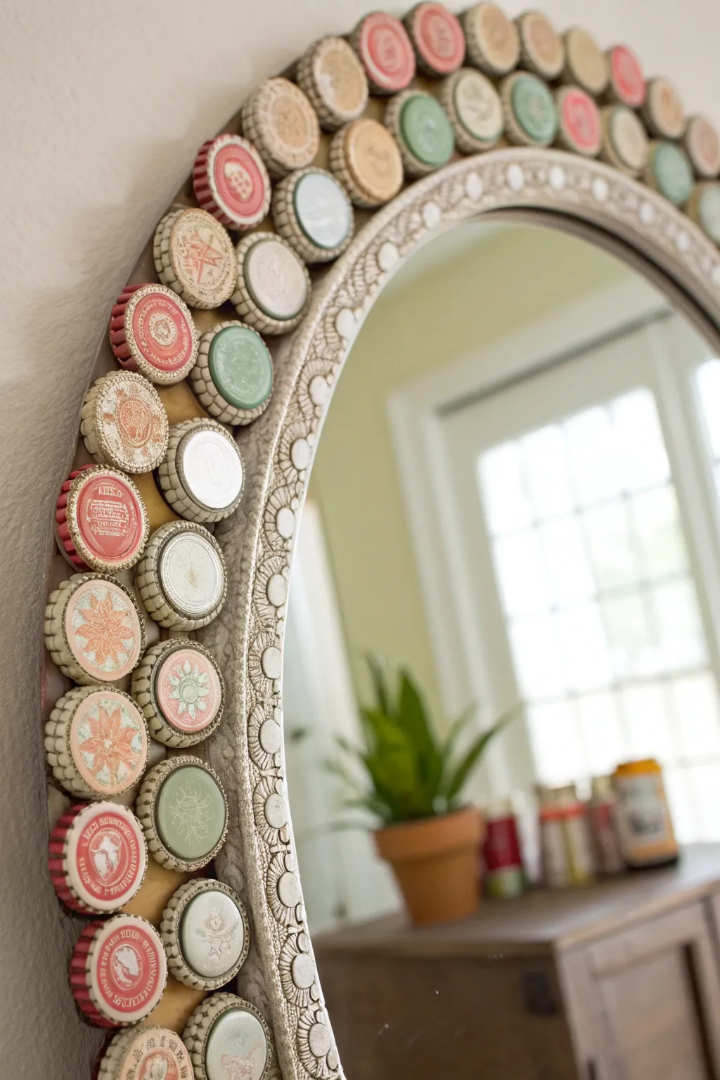 Transform your hallway with a boho-chic mirror frame adorned with artistic bottle caps!