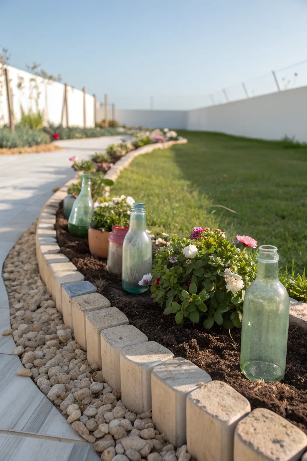 Transform your garden with a whimsical bottle edging, combining elegance and sustainability.