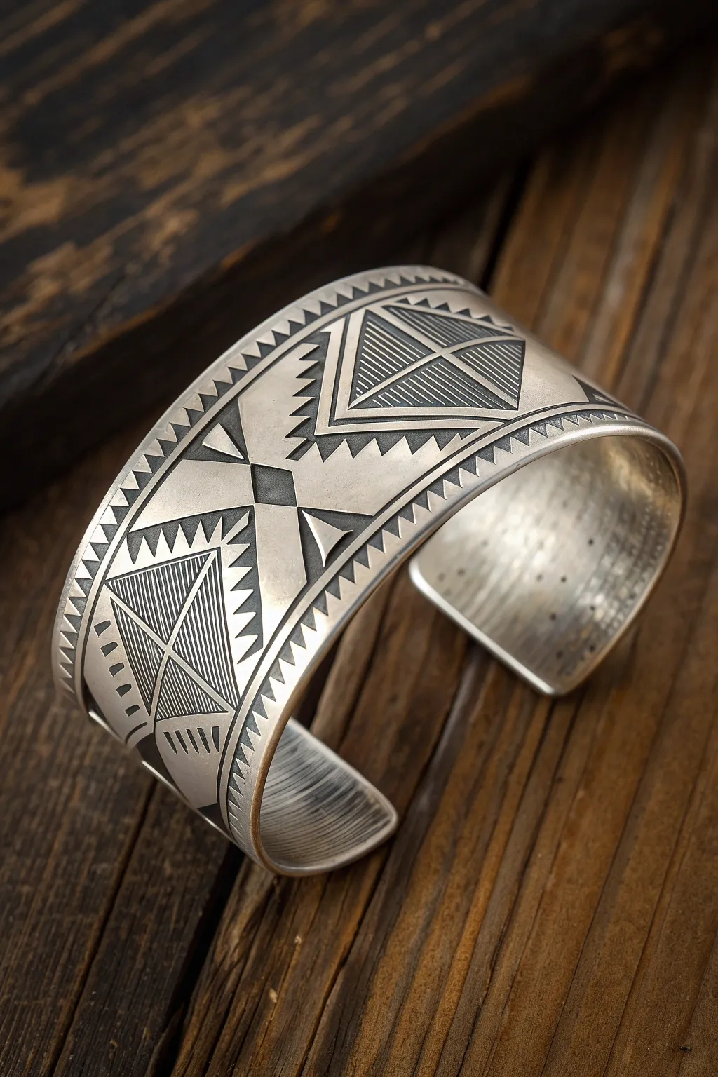 Embrace bold style with this handcrafted geometric cuff bracelet, a true testament to fine craftsmanship.