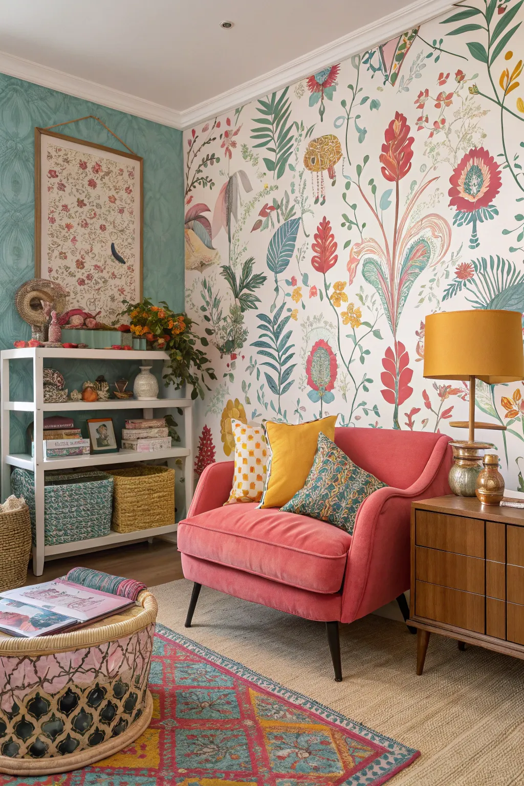 Vibrant wallpaper that effortlessly ties together the room's color palette.