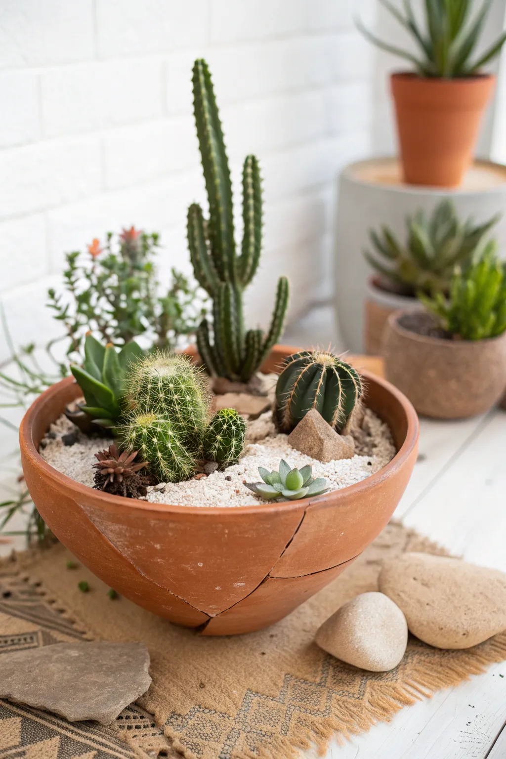 Transform a broken pot into a stunning desert oasis with cacti and succulents.