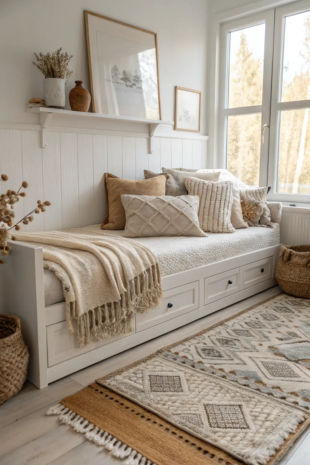 Elevate your daybed space with layered rugs for a cozy and stylish retreat.