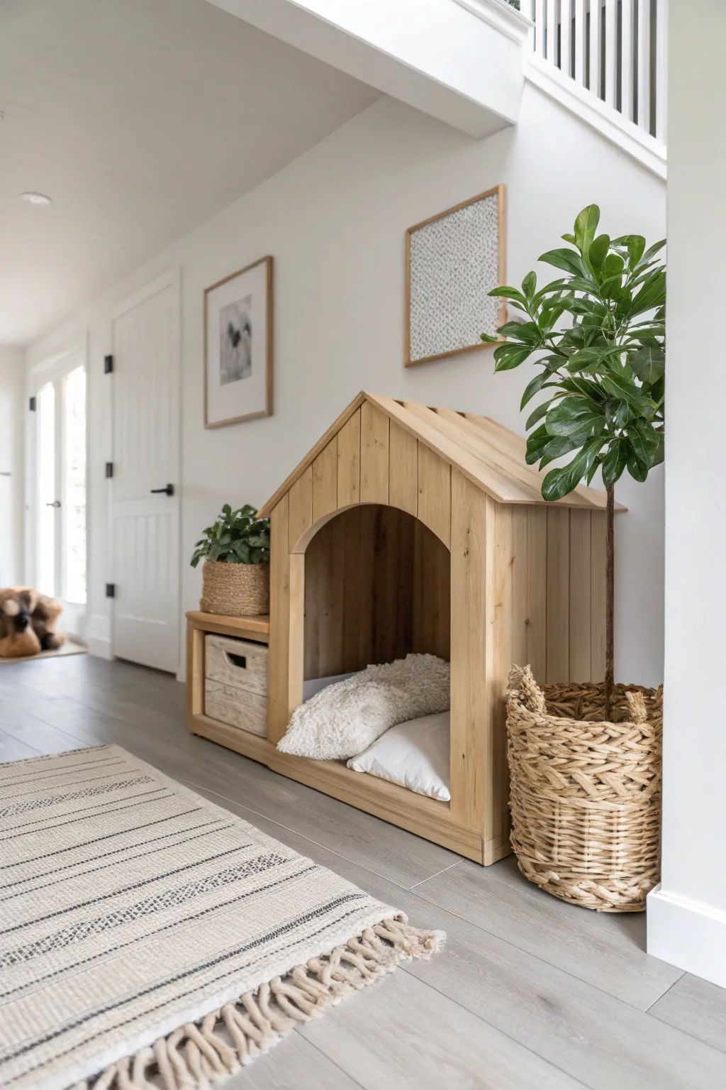 Transform your hallway into a cozy haven for your pup with this elegant built-in kennel design.