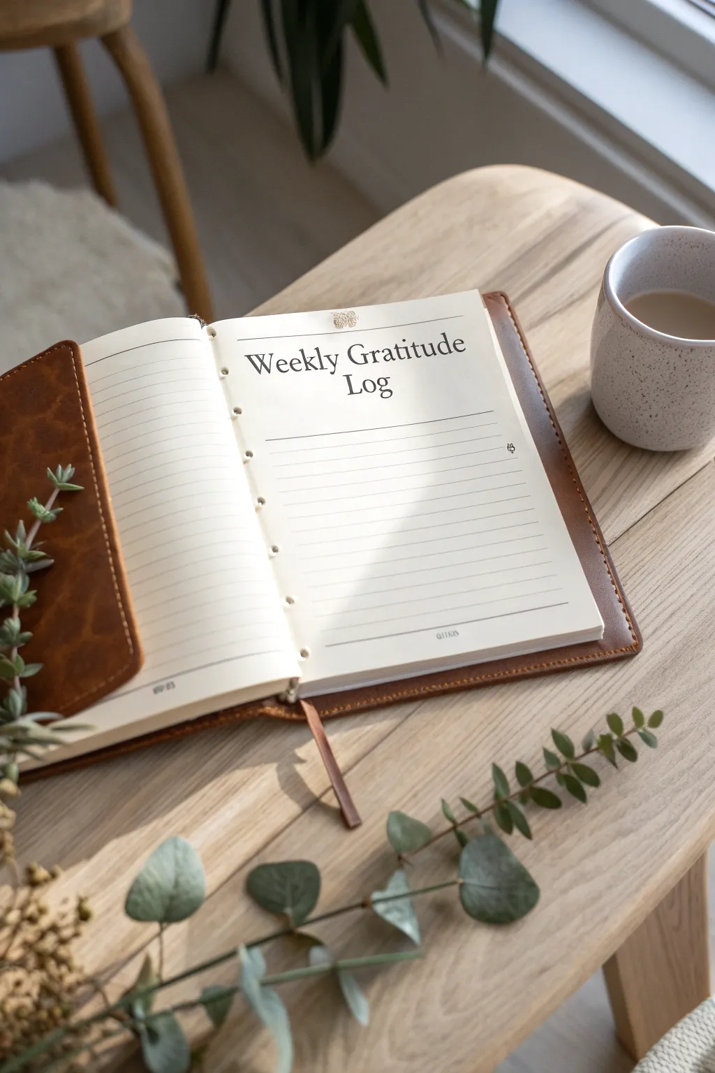 Capture the essence of gratitude with a simple weekly log in a handcrafted journal. Embrace the beauty of reflection.