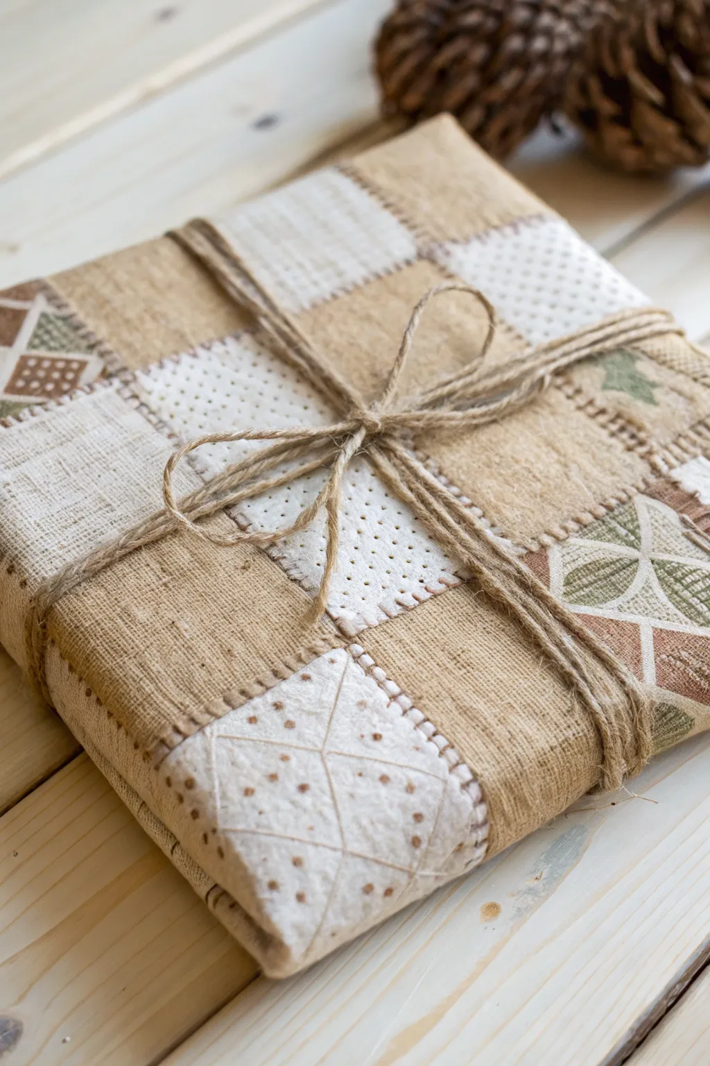 Discover the rustic elegance of patchwork burlap gift wrapping—perfect for a touch of handmade charm.