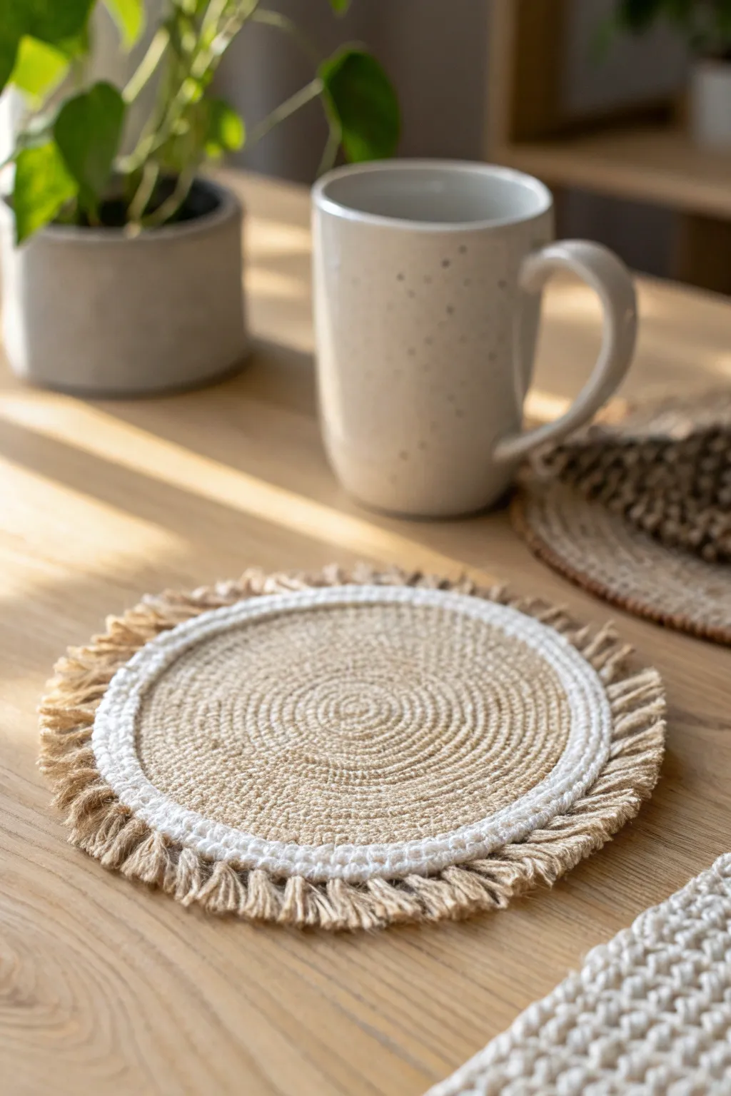 Add a touch of rustic elegance to your table with these DIY burlap coasters. Perfect for a cozy, minimalist setting.