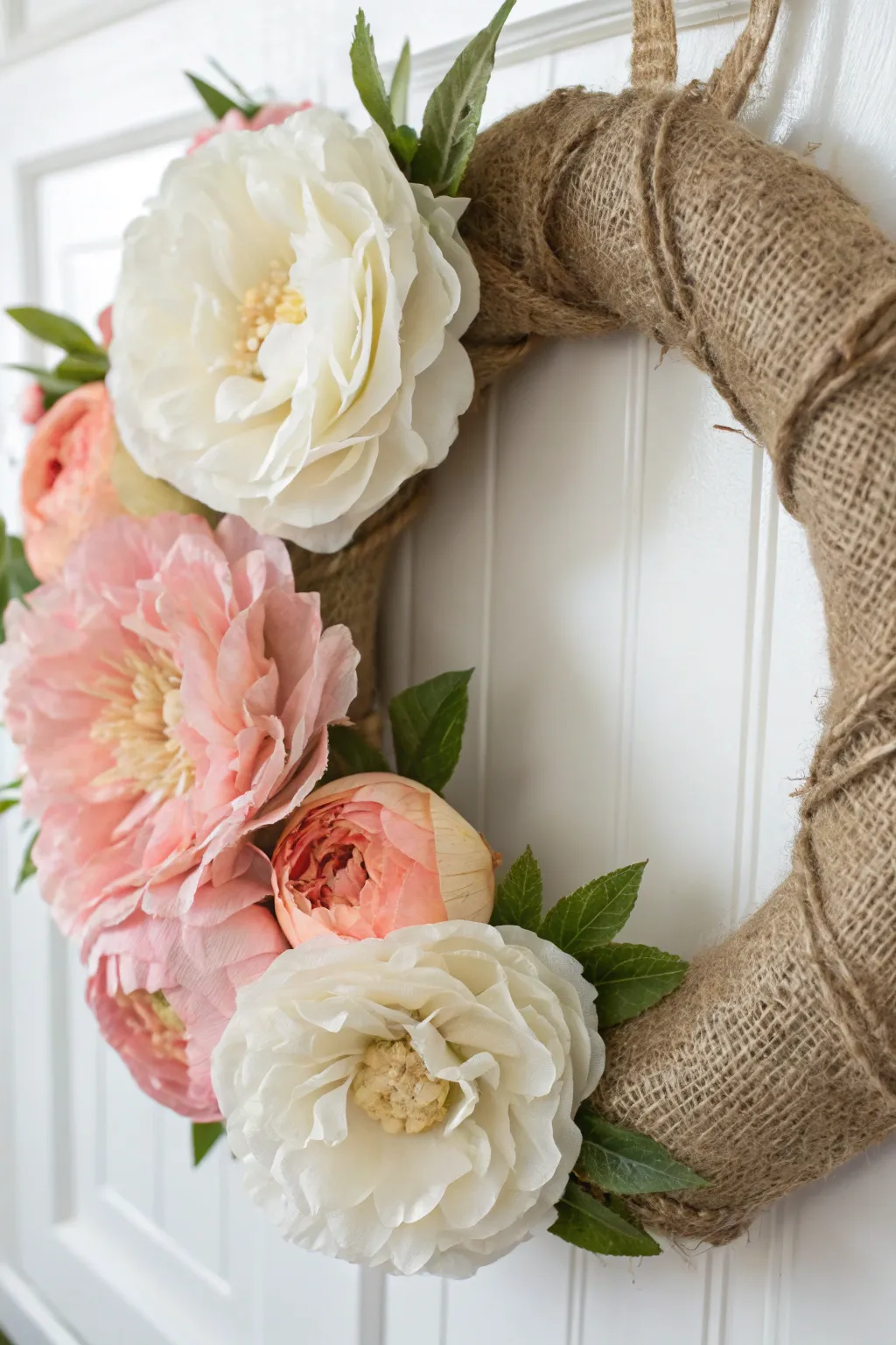 Elevate your decor with this stunning burlap and peony wreath, where simplicity meets elegance.