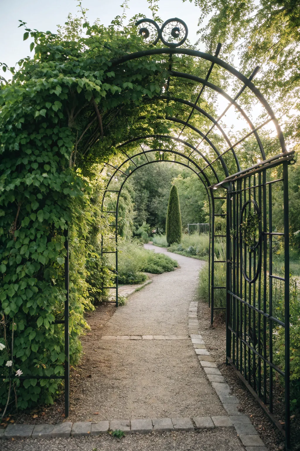 Step into a dream garden through a lush, green archway.