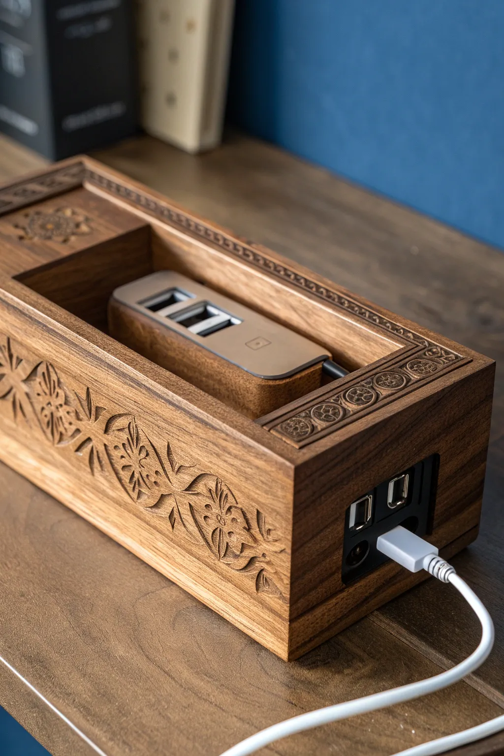 Elevate your tech setup with this artisanal cable box, merging function with craftsmanship.