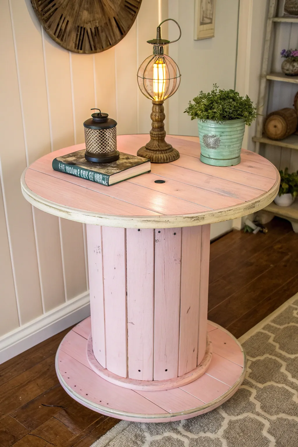 Transform your space with this elegantly crafted cable spool side table.
