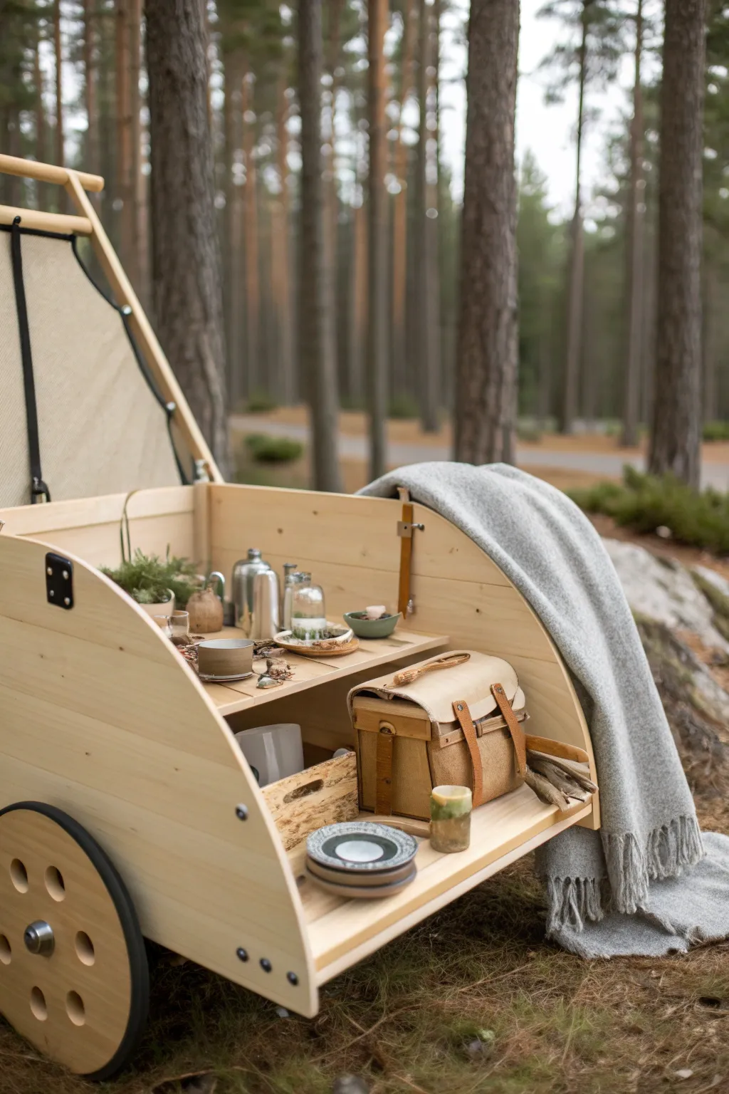 Elevate your camping experience with this stunning convertible camp cart—where Scandinavian style meets Boho flair!