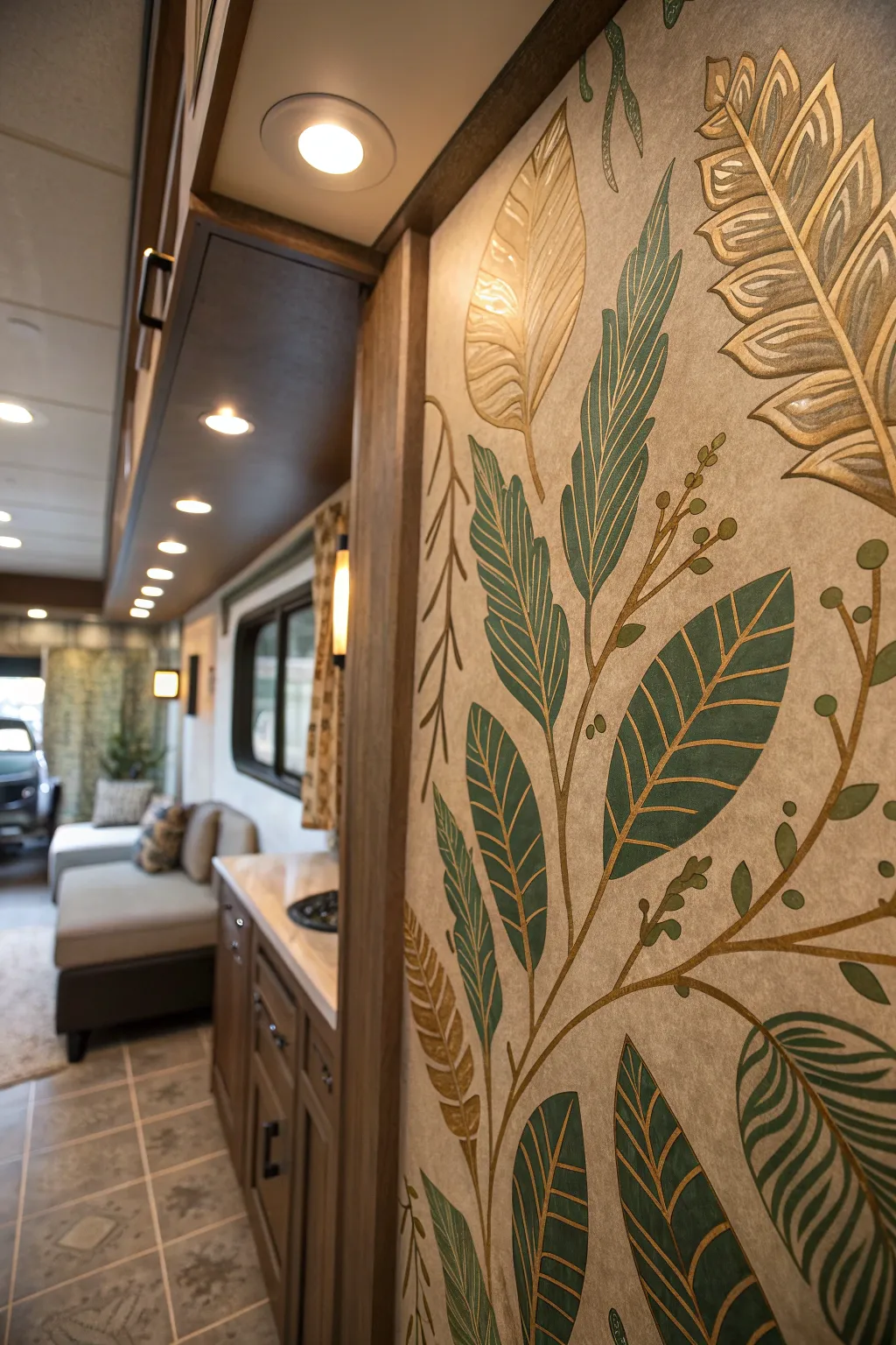 Transform your RV interior with artistic stencil designs for a touch of nature and elegance.