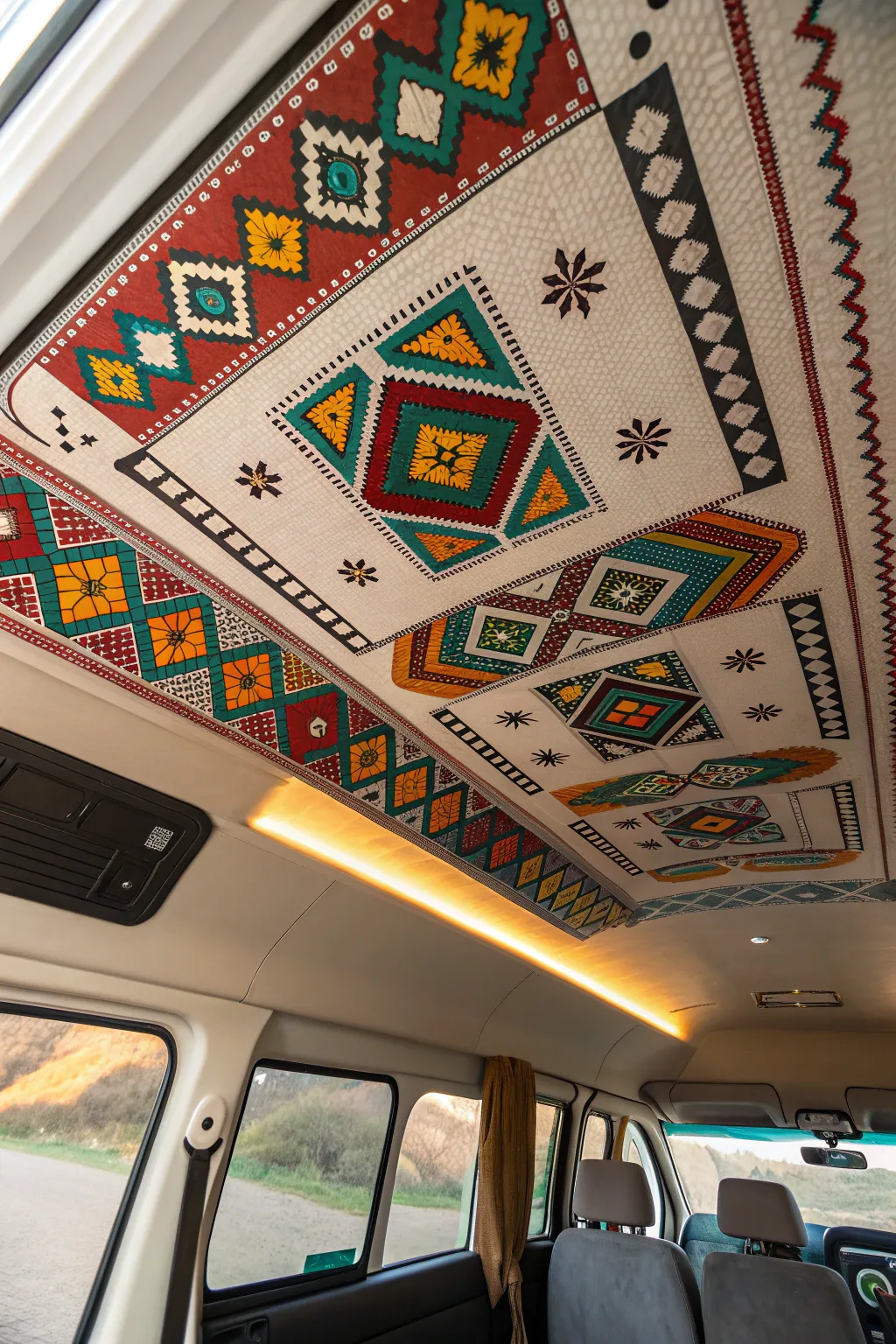 Transform your campervan ceiling into a masterpiece with hand-painted geometric patterns. Unleash your creativity and make every journey a work of art.