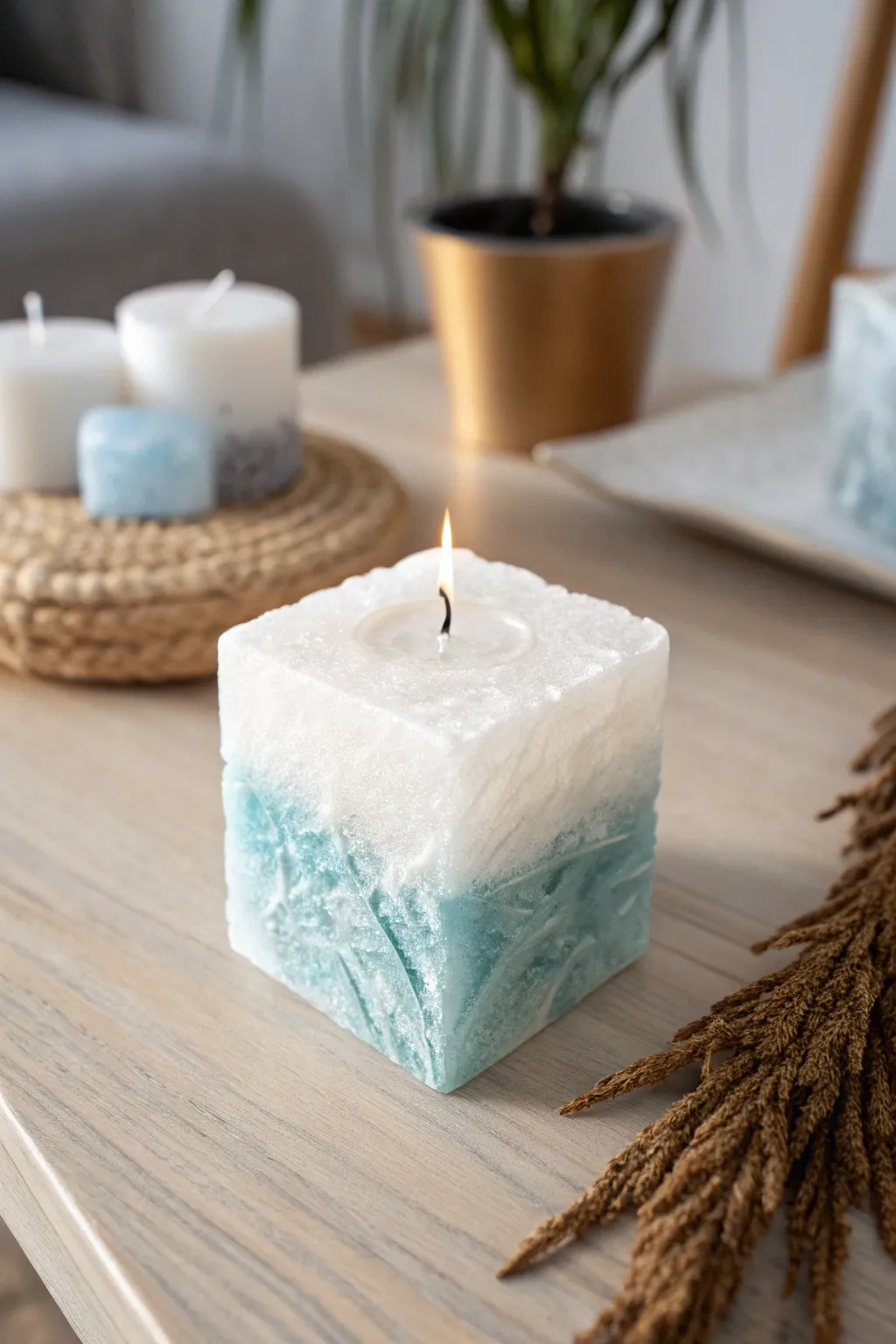 Elevate your space with the serene beauty of an ice cube candle, where simplicity meets artisan charm.