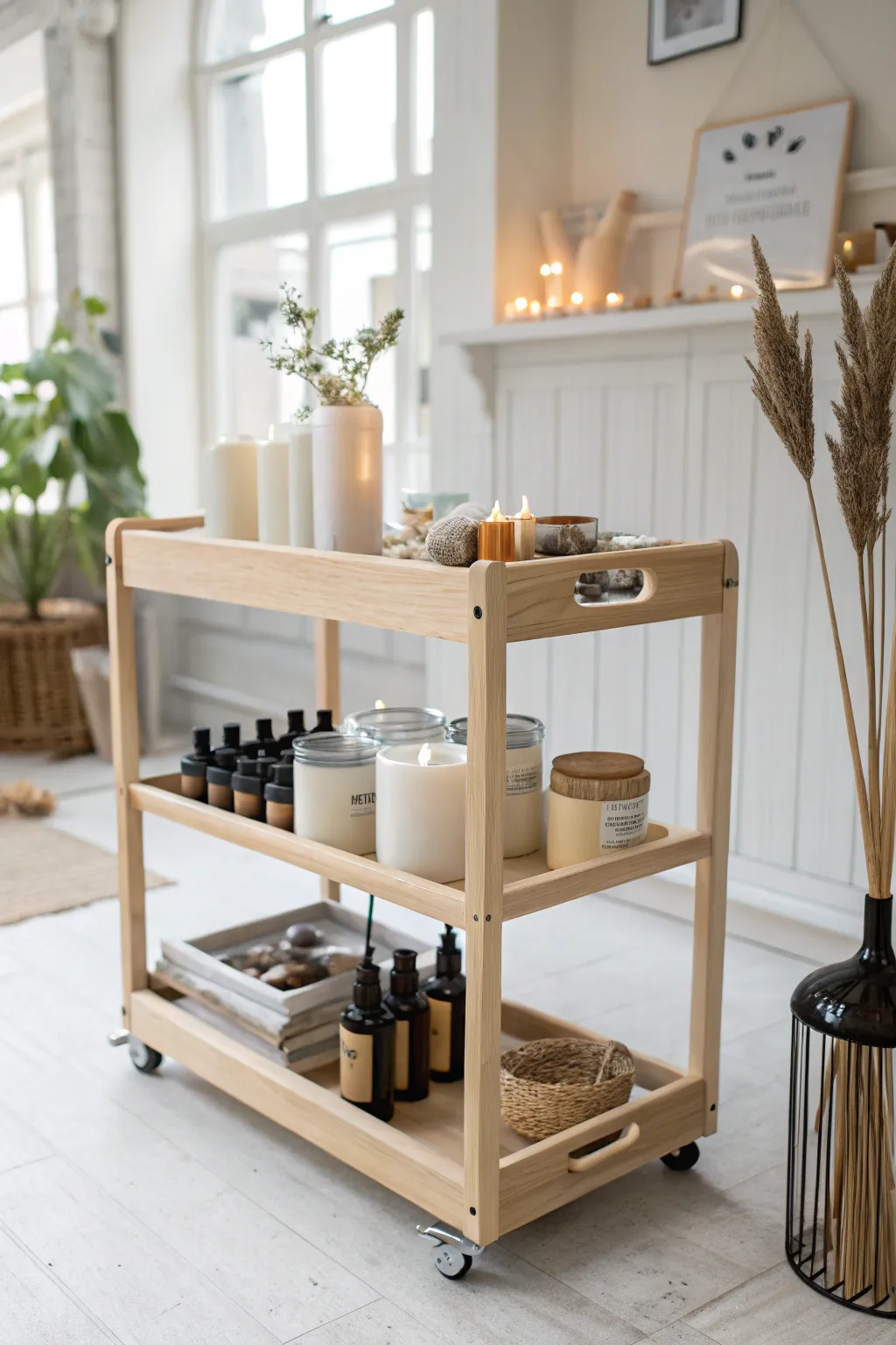 Elevate your candle-making game with a chic and functional rolling cart for ultimate flexibility and style.