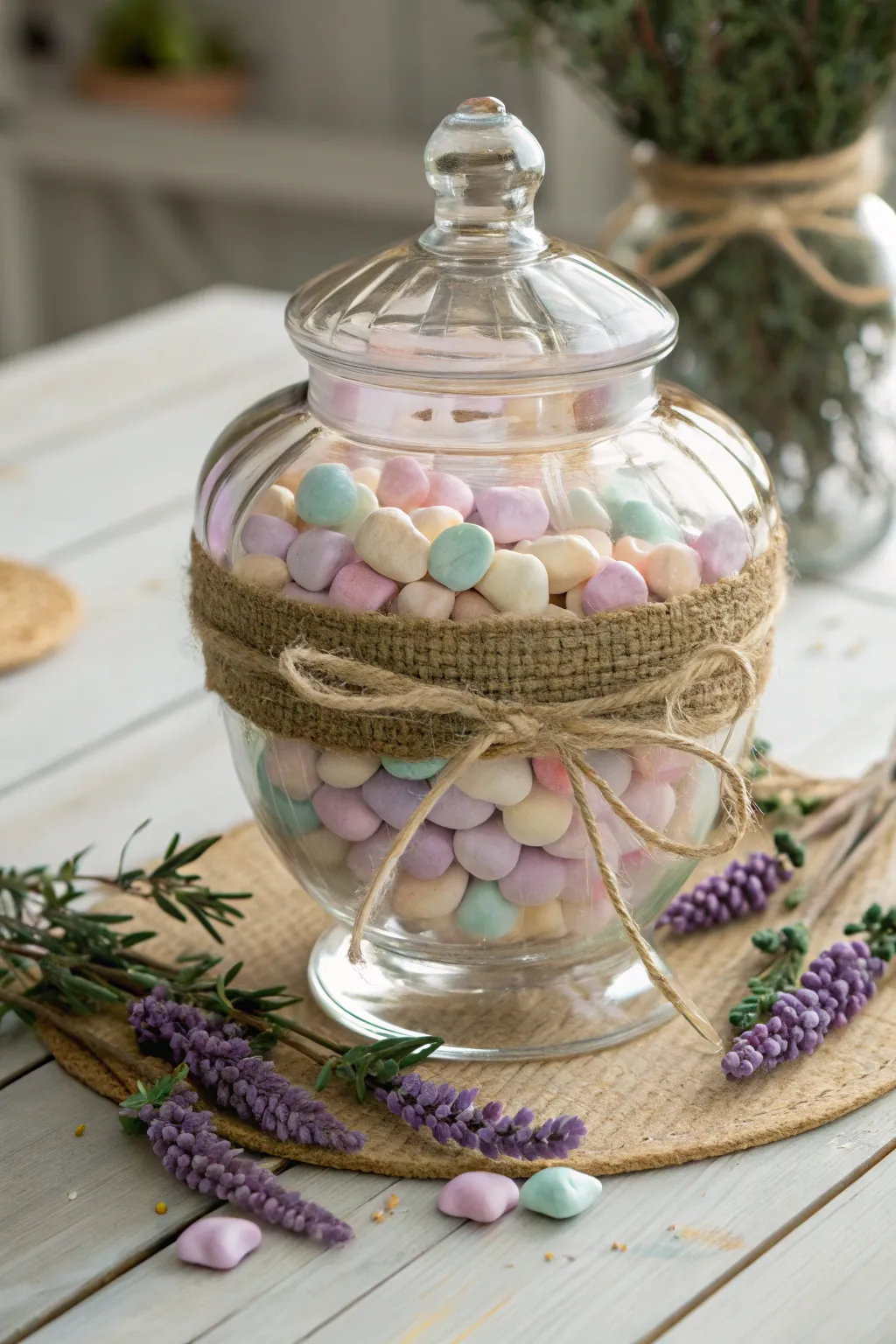 Embrace rustic charm with a candy jar that combines simplicity and natural beauty.